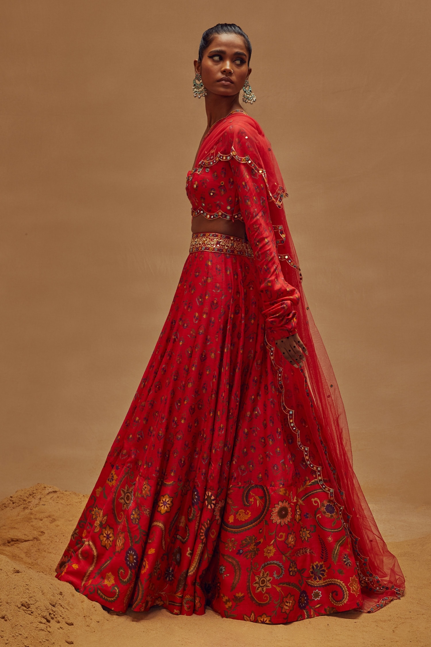Drishti & Zahabia - Red Dupion Silk And Net & Embroidery Floral Square Neck  Lehenga Set