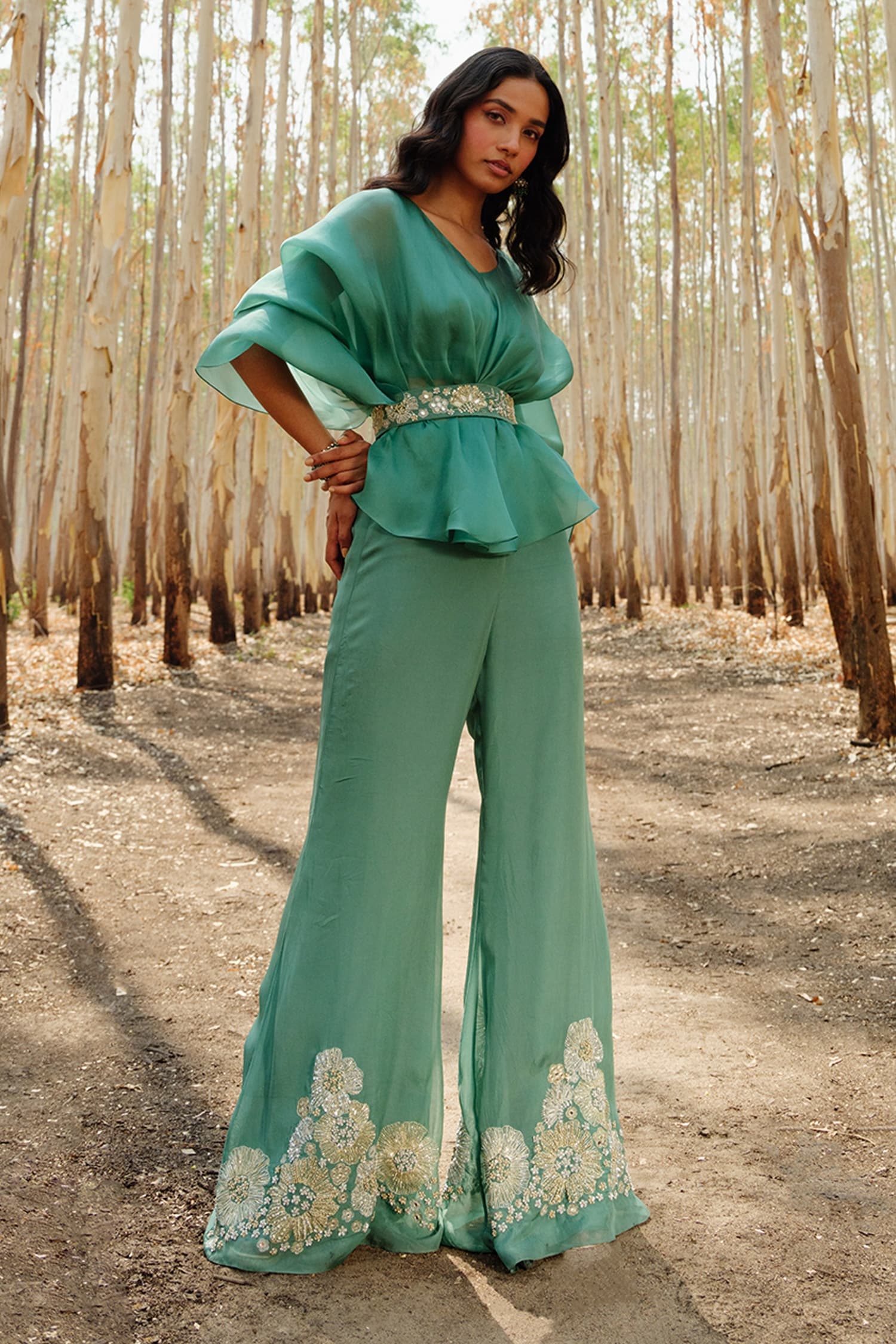 Buy Gaurav Katta Green Georgette Embroidered Crop Top And Palazzo Set  Online | Aza Fashions