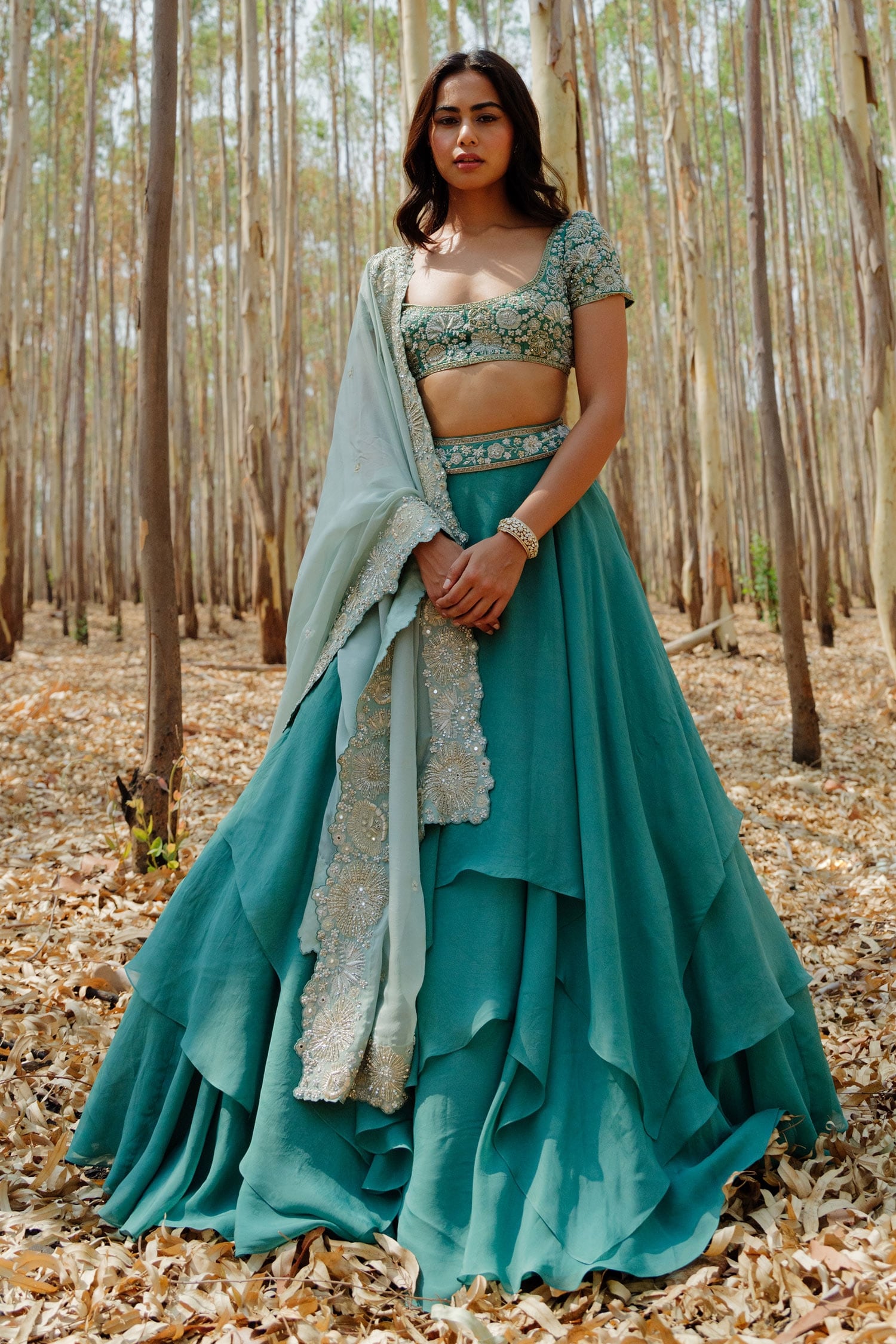 Buy Green Lehenga And Dupatta Organza Hand Embroidered Gemma Layered Set For Women By Mishru 5480