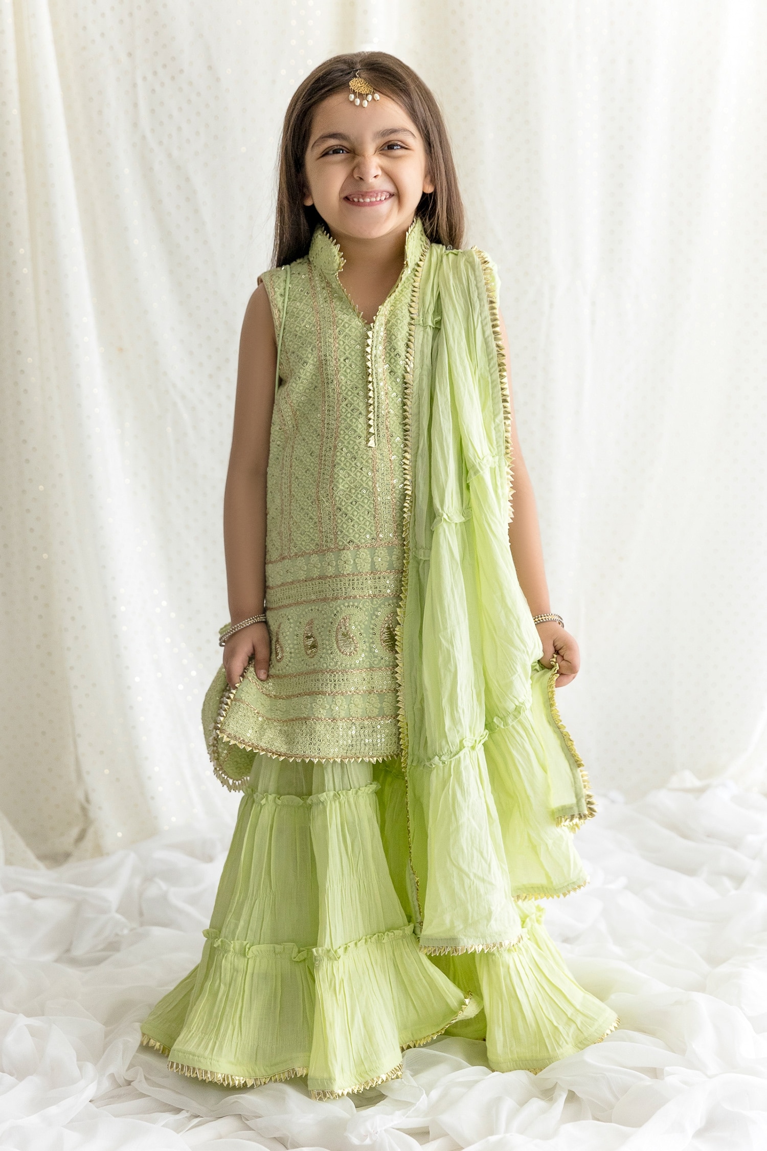 Chotibuti Green Georgette And Hand Crushed Mulmul Embroidered Kurta Sharara Set For Girls