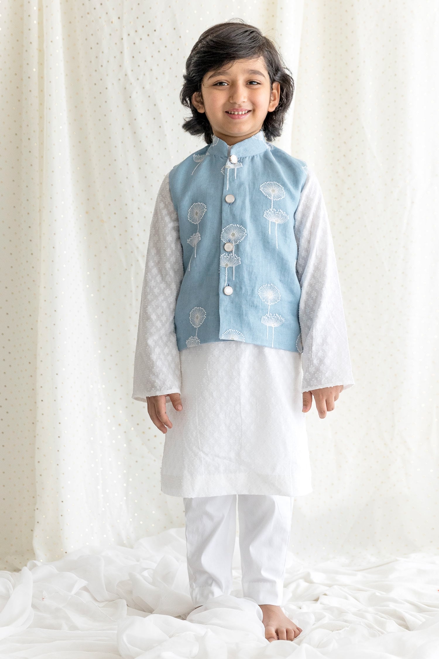 Chotibuti Blue Linen Embroidered Bundi And Kurta Set For Boys