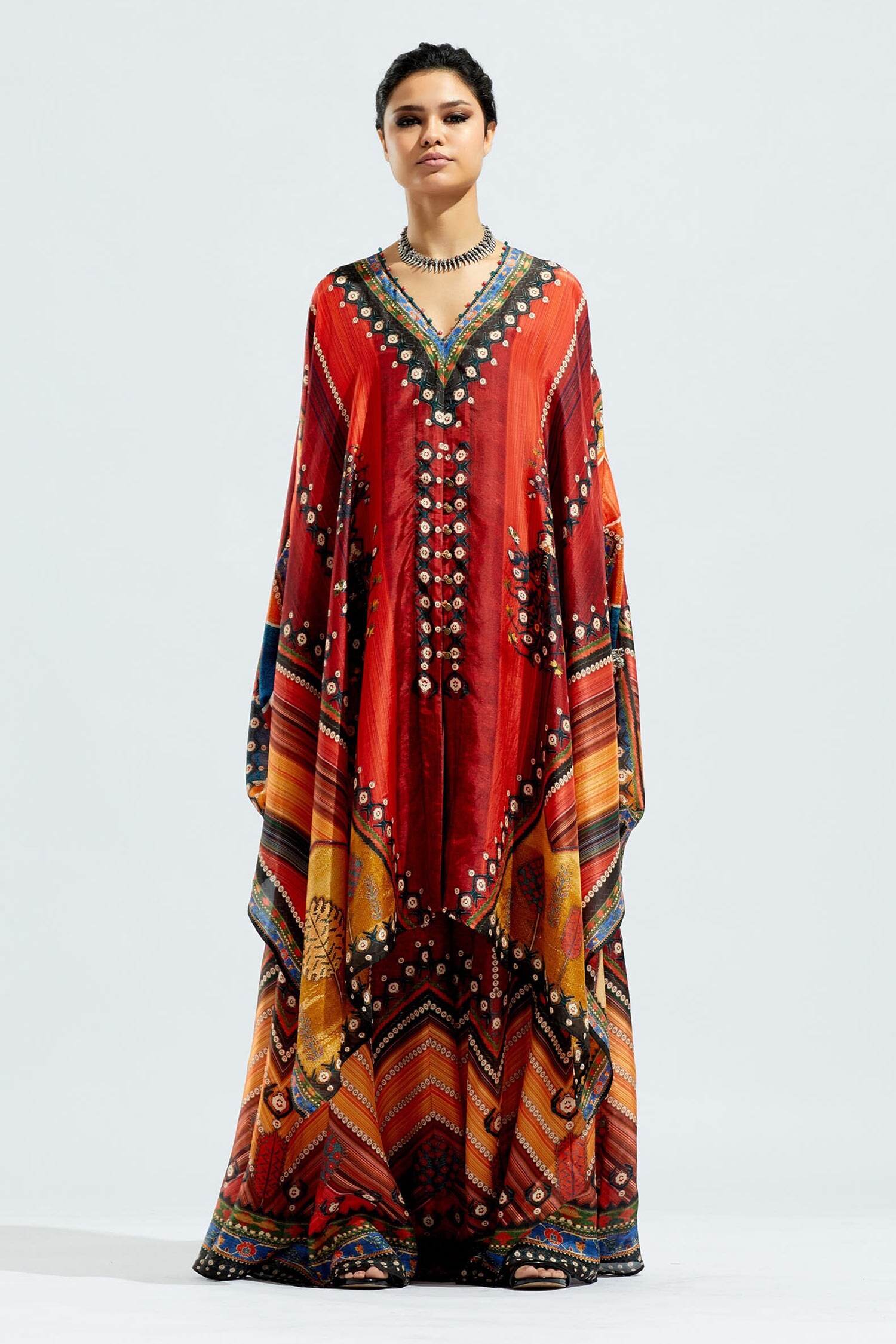 Buy Red Silk Printed Floral V Neck Gulrez Kaftan For Women by Rajdeep ...