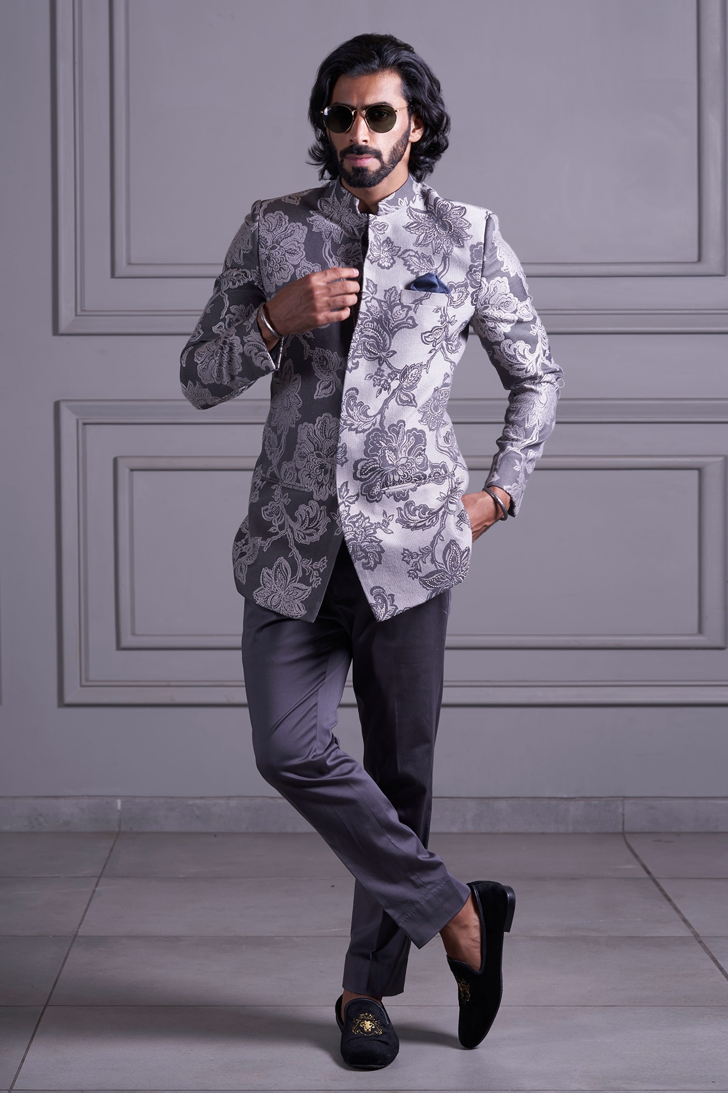 Buy Grey Suiting Print Bandhgala And Trouser Set For Men by Agape ...