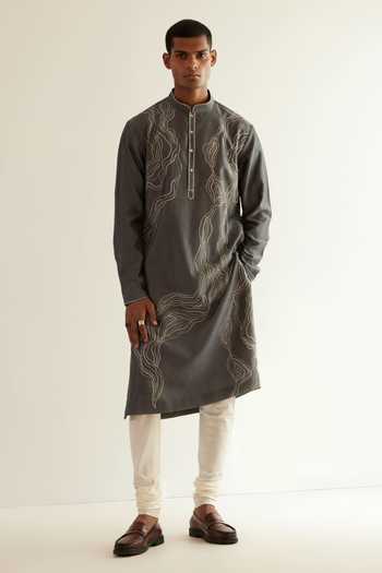 Grey Printed Chanderi Gilet and Kurta Set