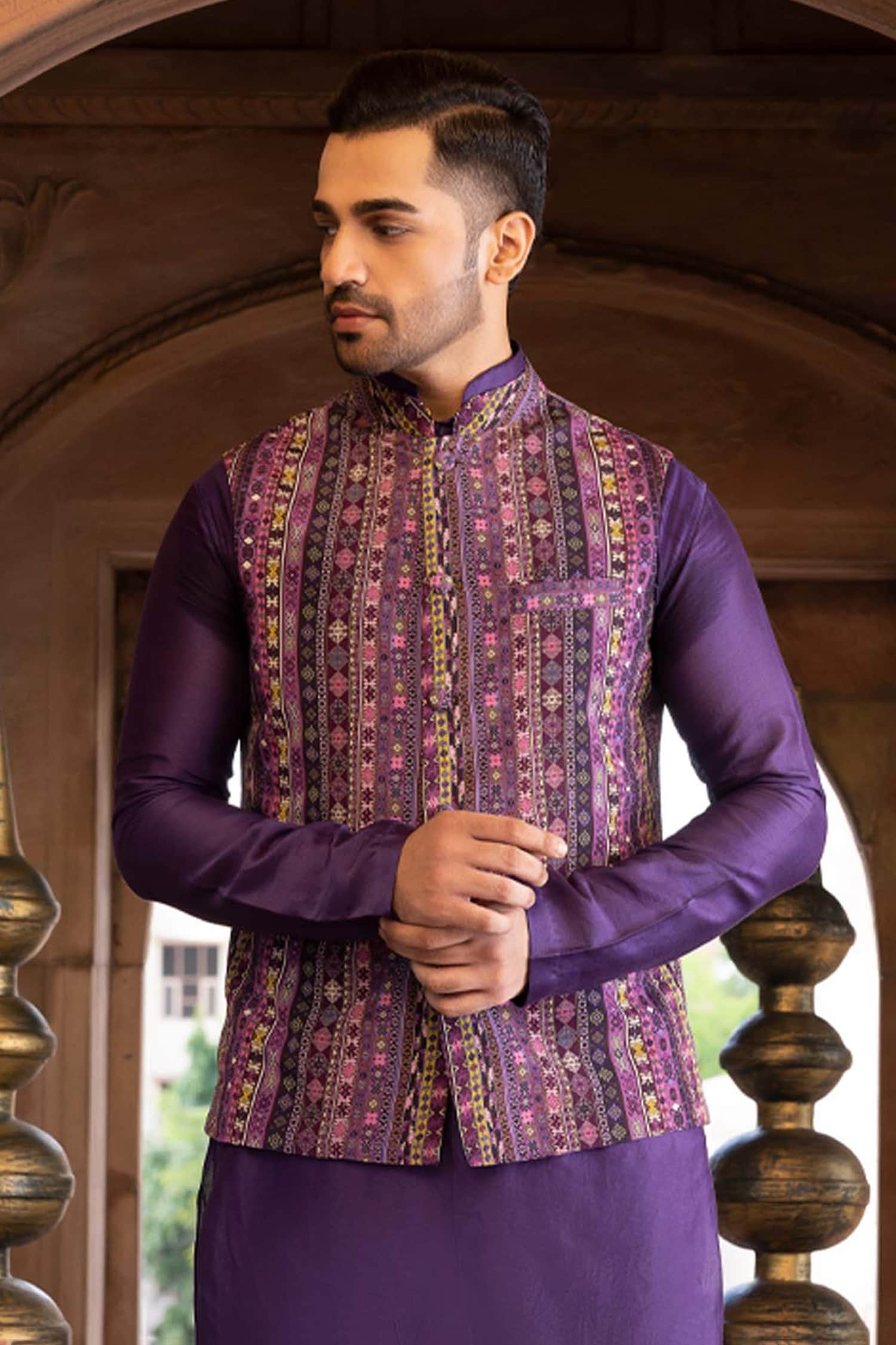 Buy Purple Crepe Printed Geometric Bundi For Men By Chhavvi Aggarwal 