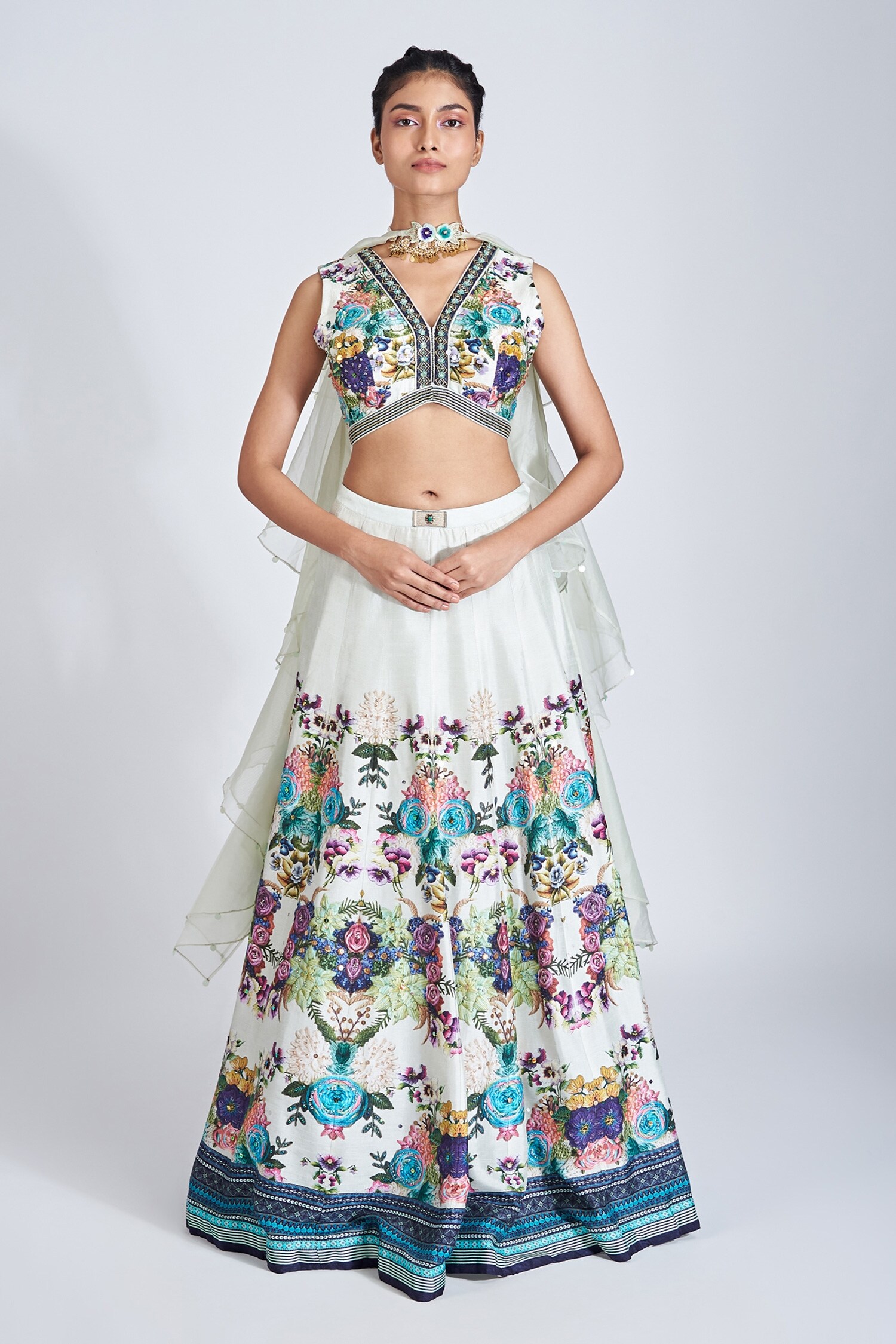 Buy Basil Leaf White Floral Print Lehenga Set Online Aza Fashions