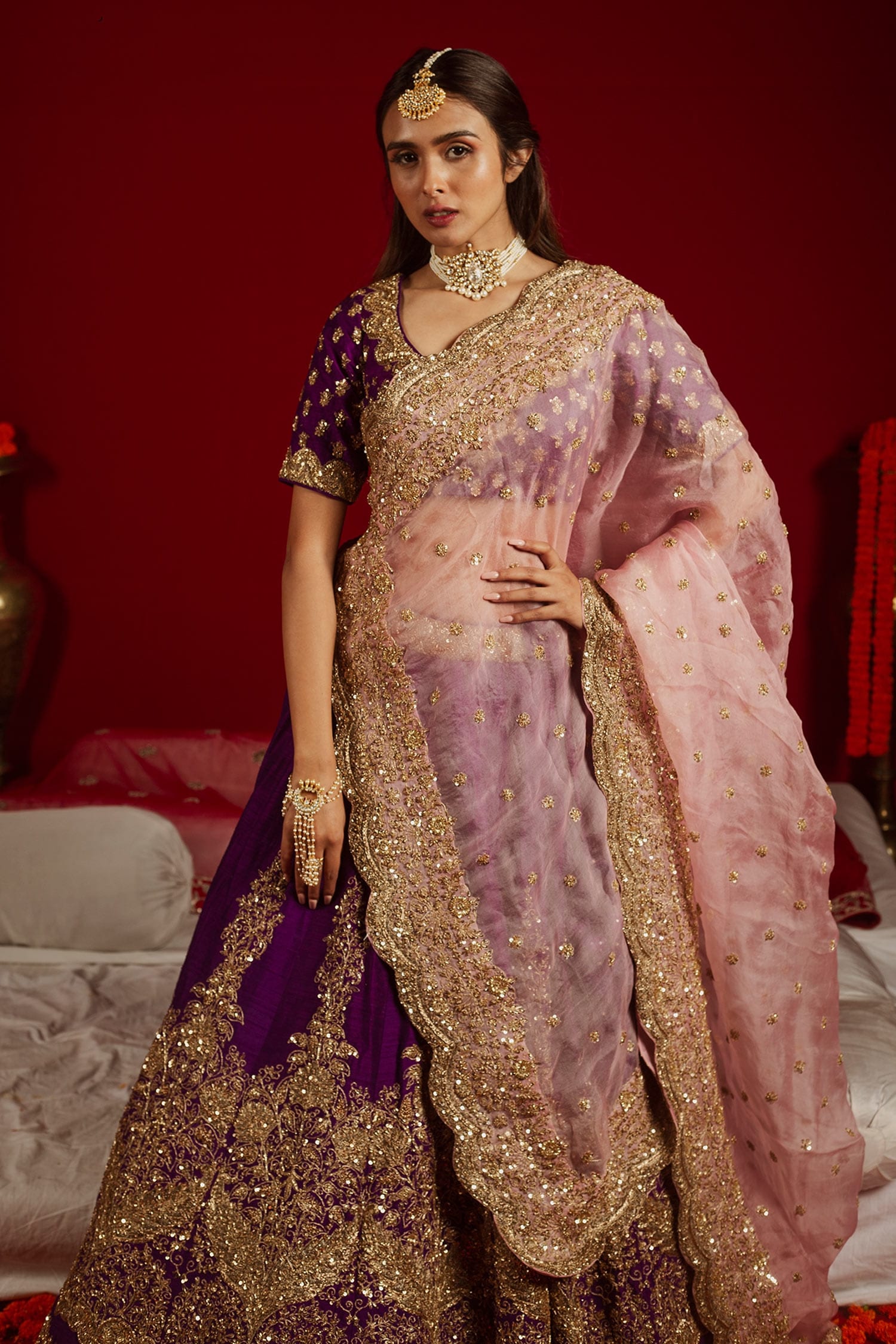 Stunning Purple Thread Embroidery Mulberry Silk Wedding Lehe