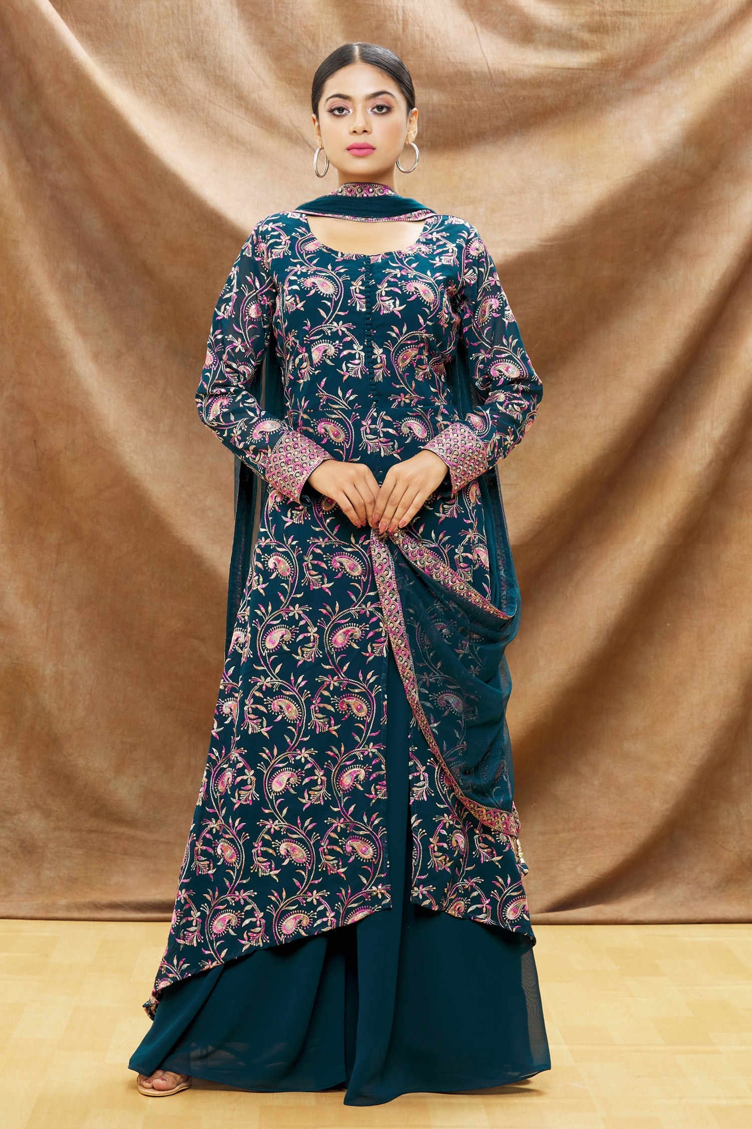 Buy Adara Khan Blue Georgette Embroidered Kurta Skirt Set Online | Aza ...