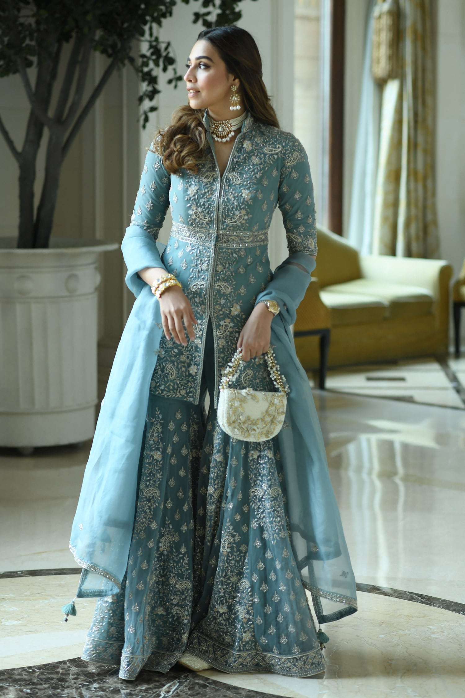 Sana Barreja Blue Net Hand Embroidered Floral-paisley Shahana Jacket Gharara Set For Women
