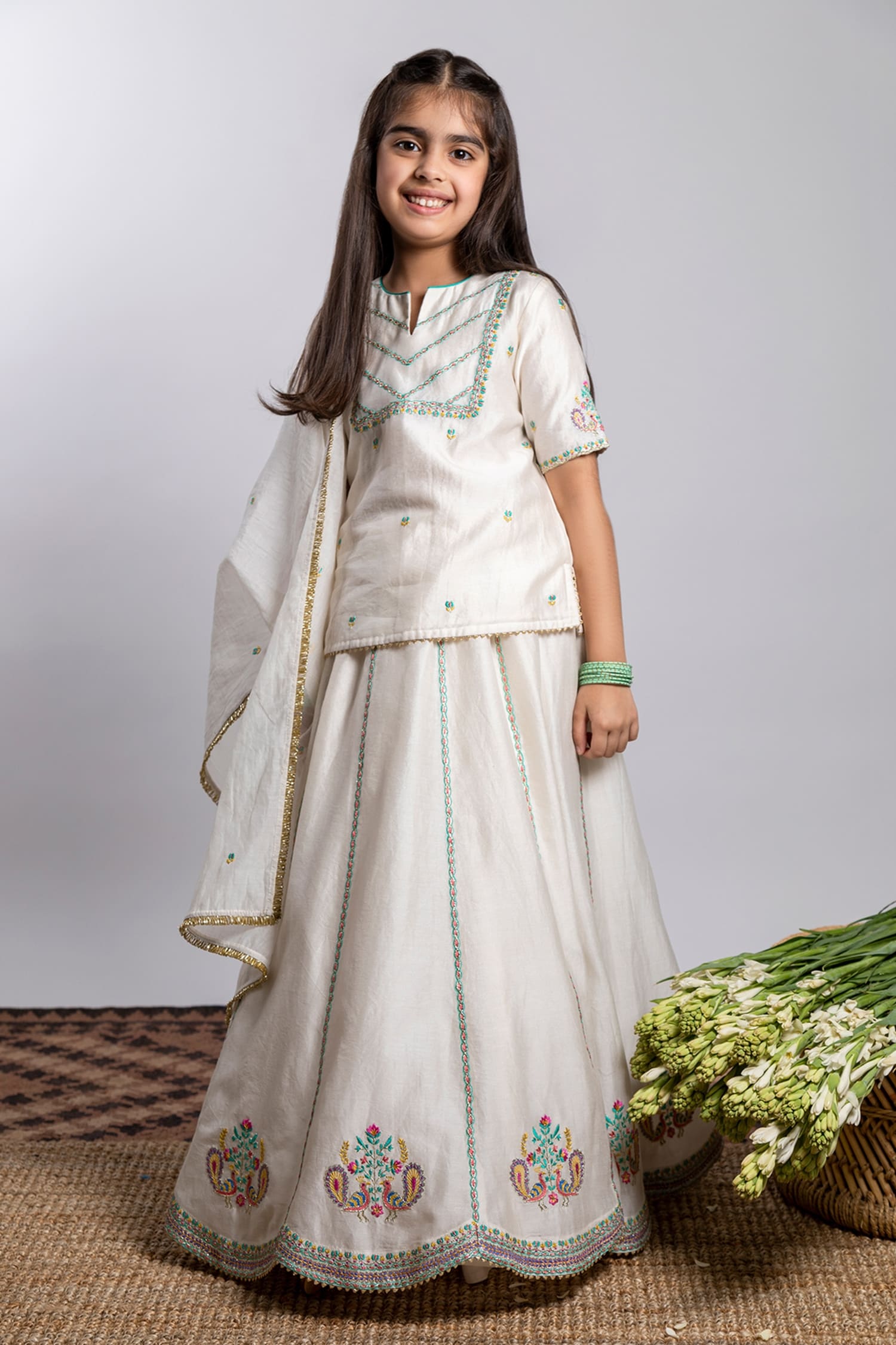 Buy Ivory Chanderi Silk Embroidery Peacock Lehenga Set For Girls by ...