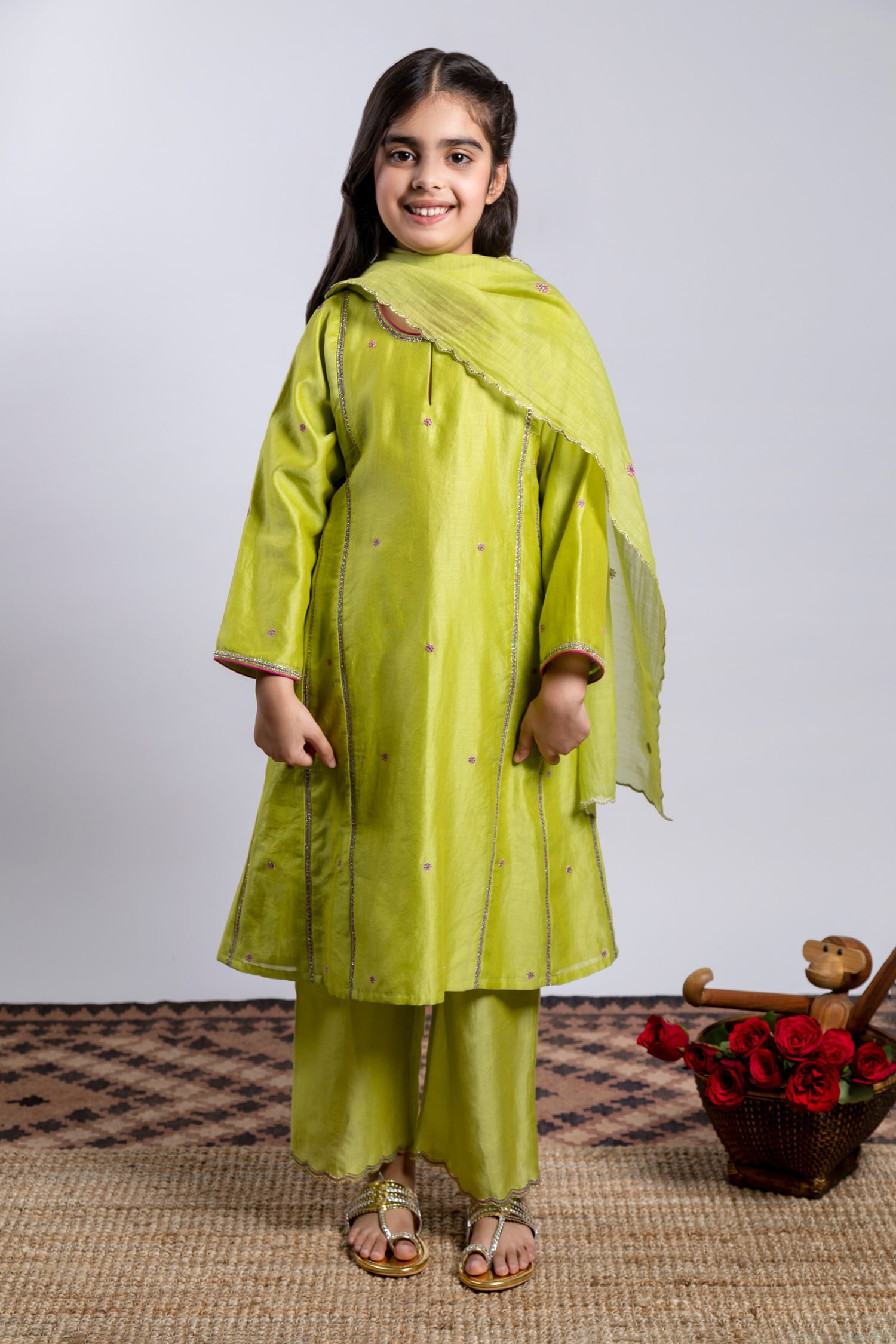 Buy Green Chanderi Silk Embroidery Floral Anarkali Set For Girls by ...