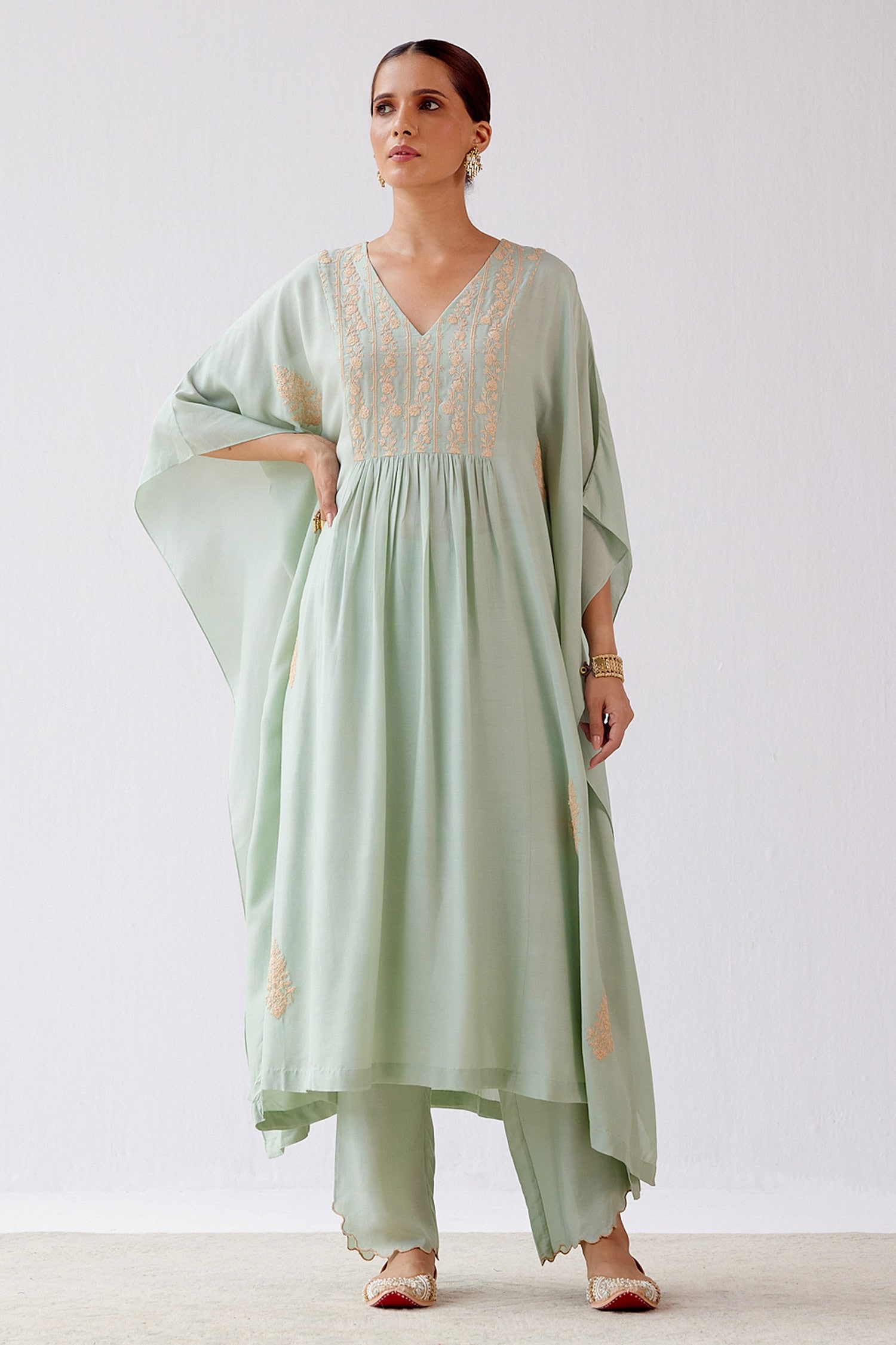 Buy Green Muslin Embroidered Dori V Neck Kaftan And Palazzo Set For