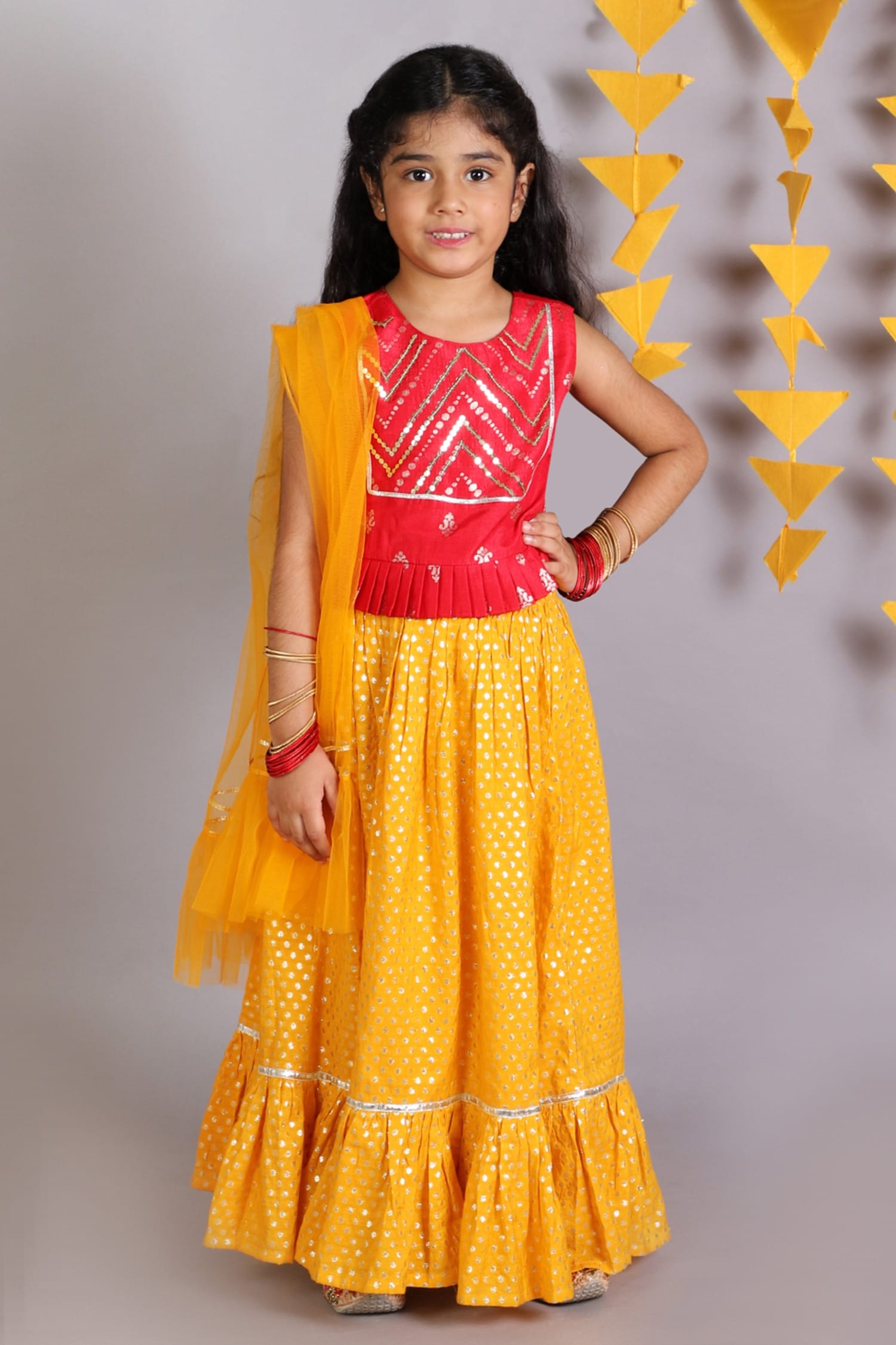 Buy Yellow Polyester Jamawar Woven Geometric Lehenga Set For Girls By