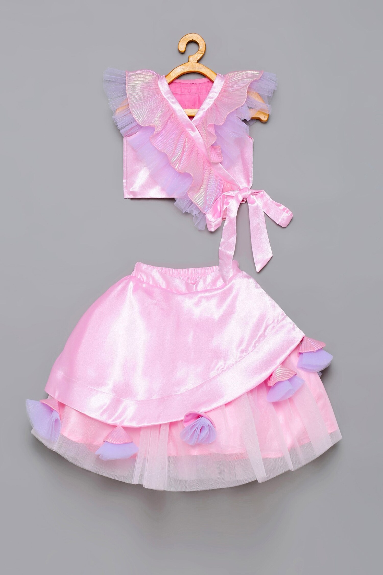 Buy Pink Crepe Satin Embellishment Ruffles And Holographic Top & Skirt