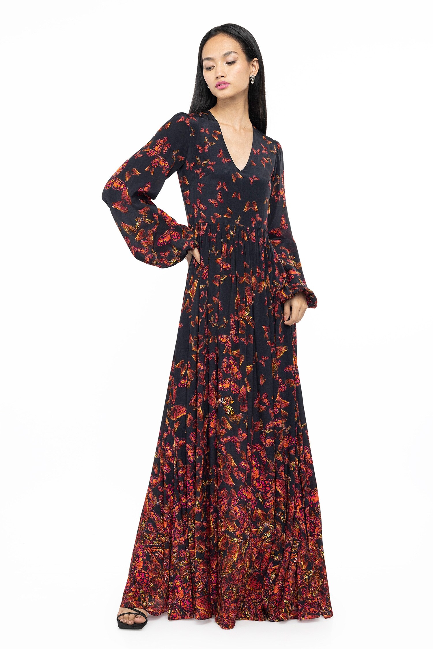 Buy Gaya Black Viscose Crepe Heidi Butterfly Print Dress Online Aza