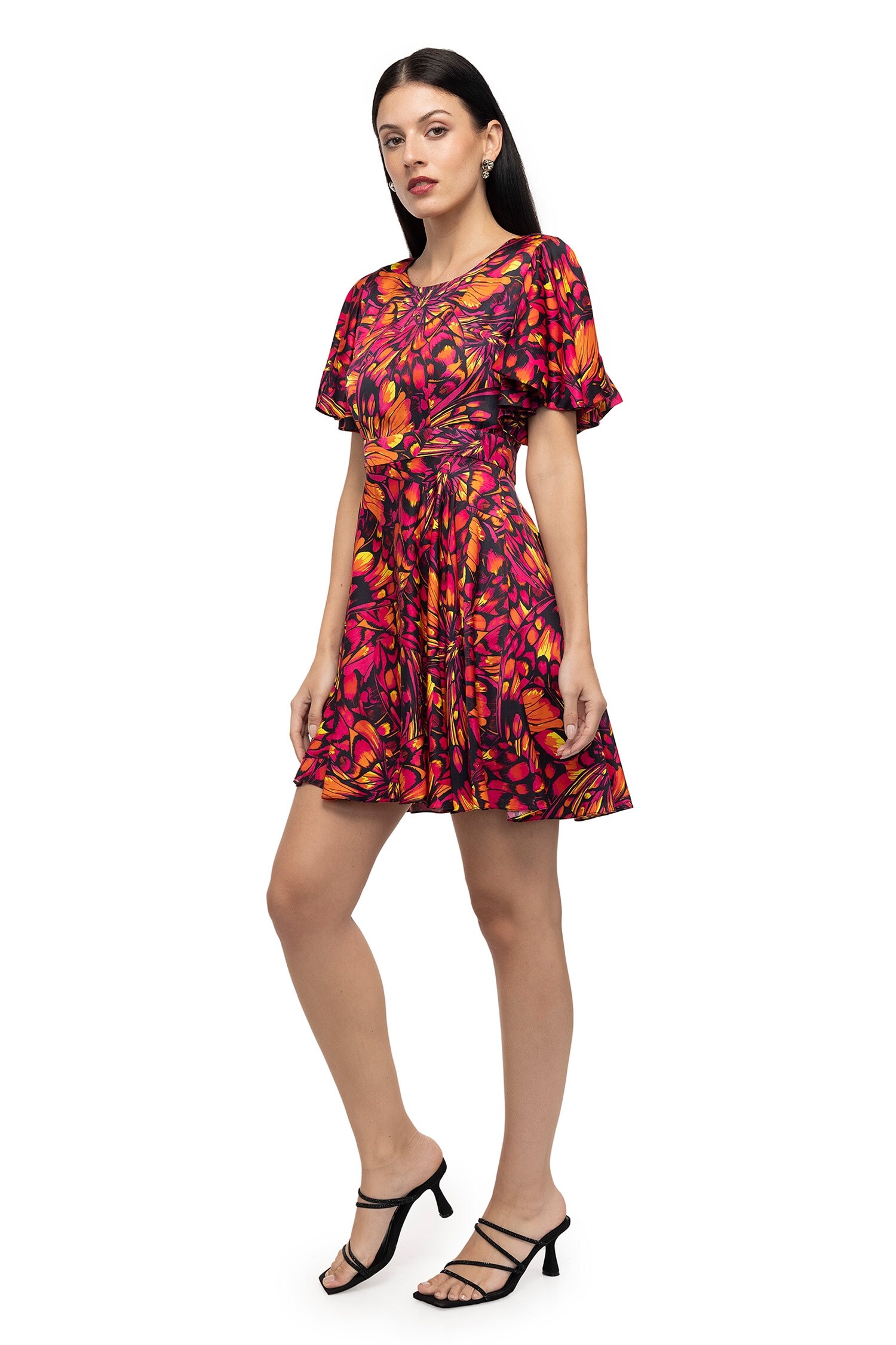 Buy Multi Color Viscose Crepe Printed Butterfly Venessa Sleeve Dress