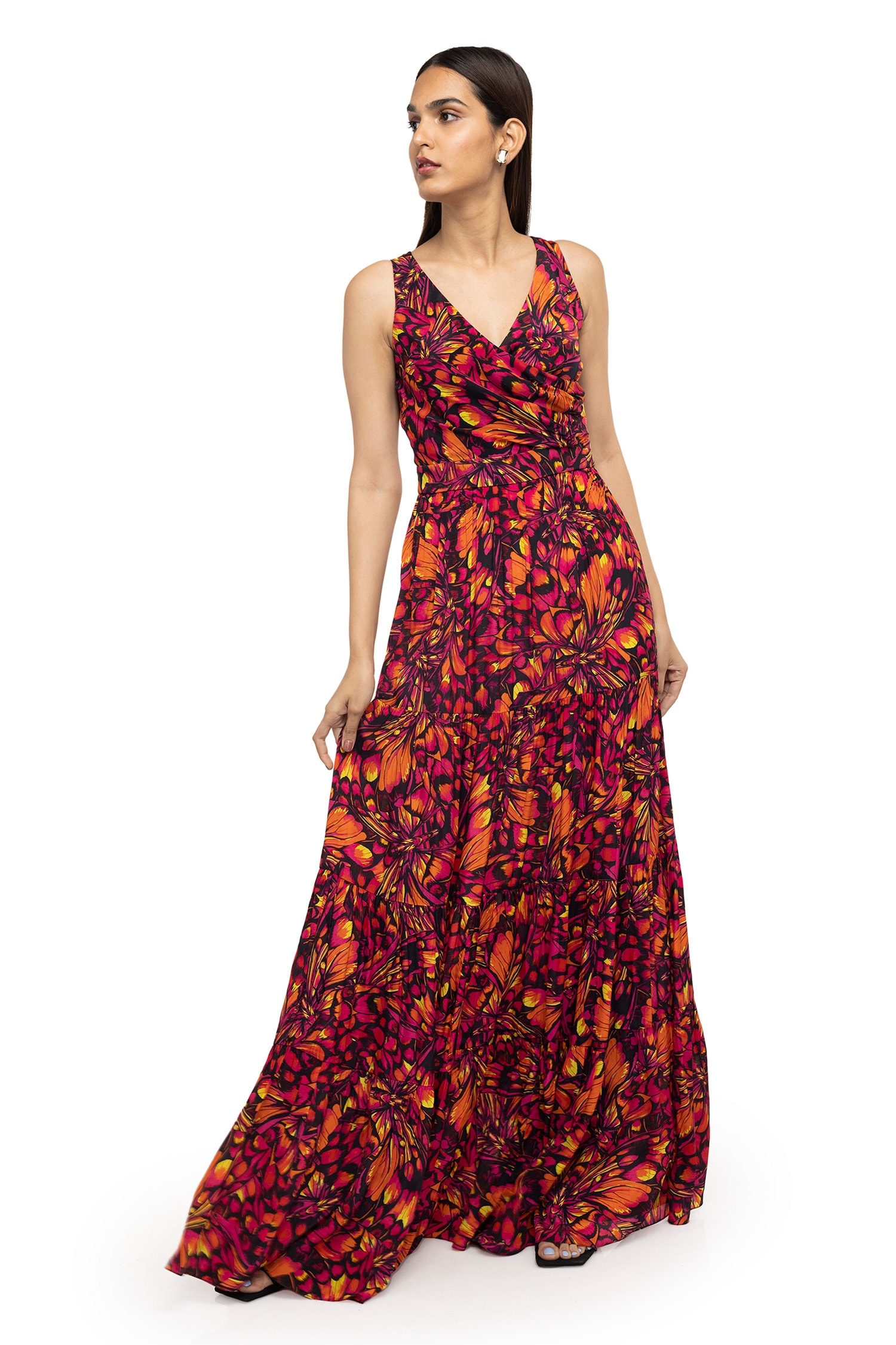 Buy Multi Color Viscose Crepe Printed Butterfly Fae Ruched Tiered Gown