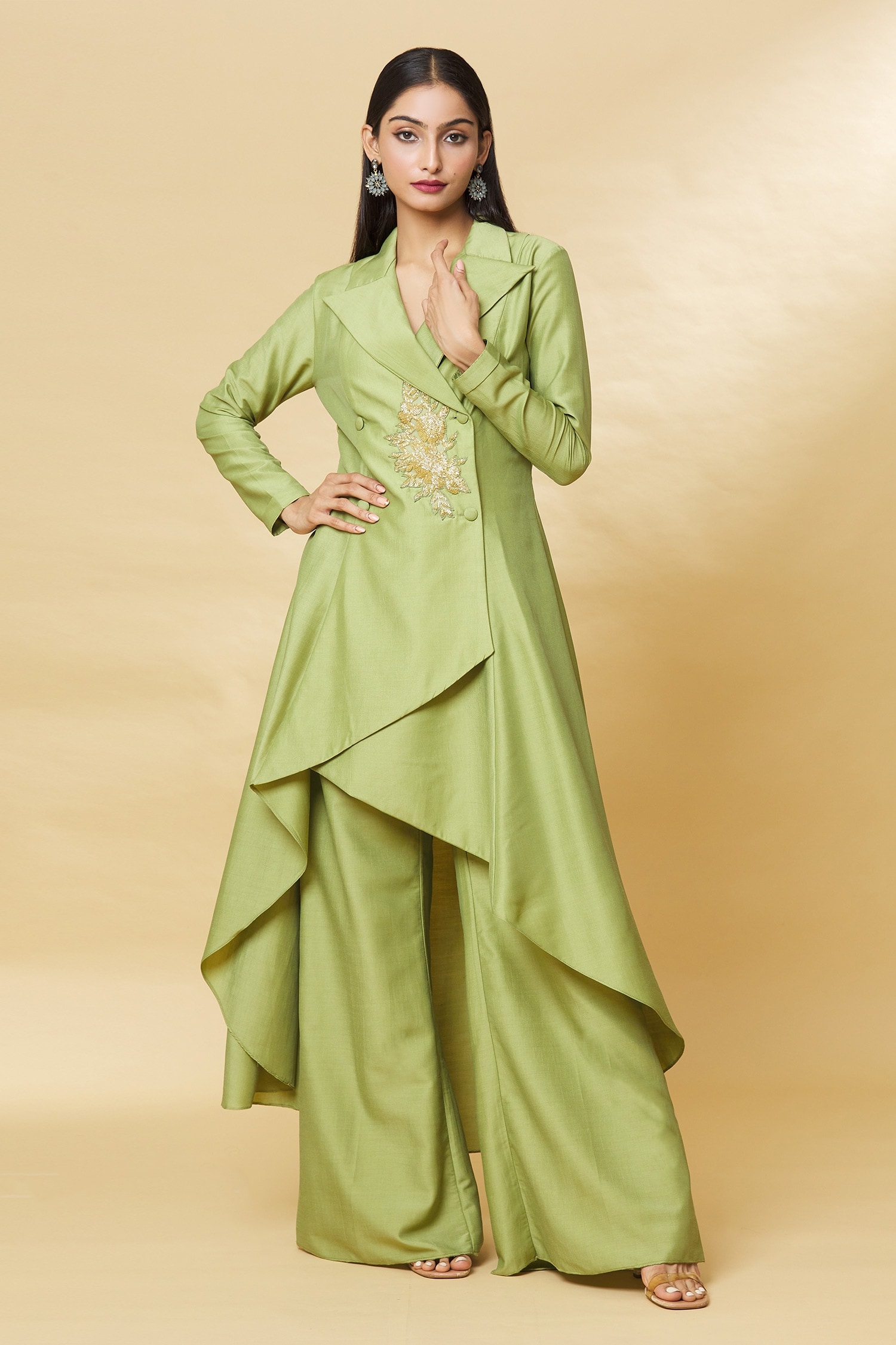 Buy Green Cotton Silk Embroidery Bugle Blazer Style Tunic And Palazzo ...