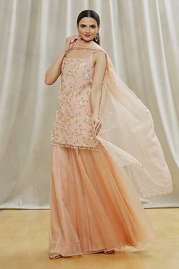 Doria Organza Satin Pink Kurta with Sharara Set
