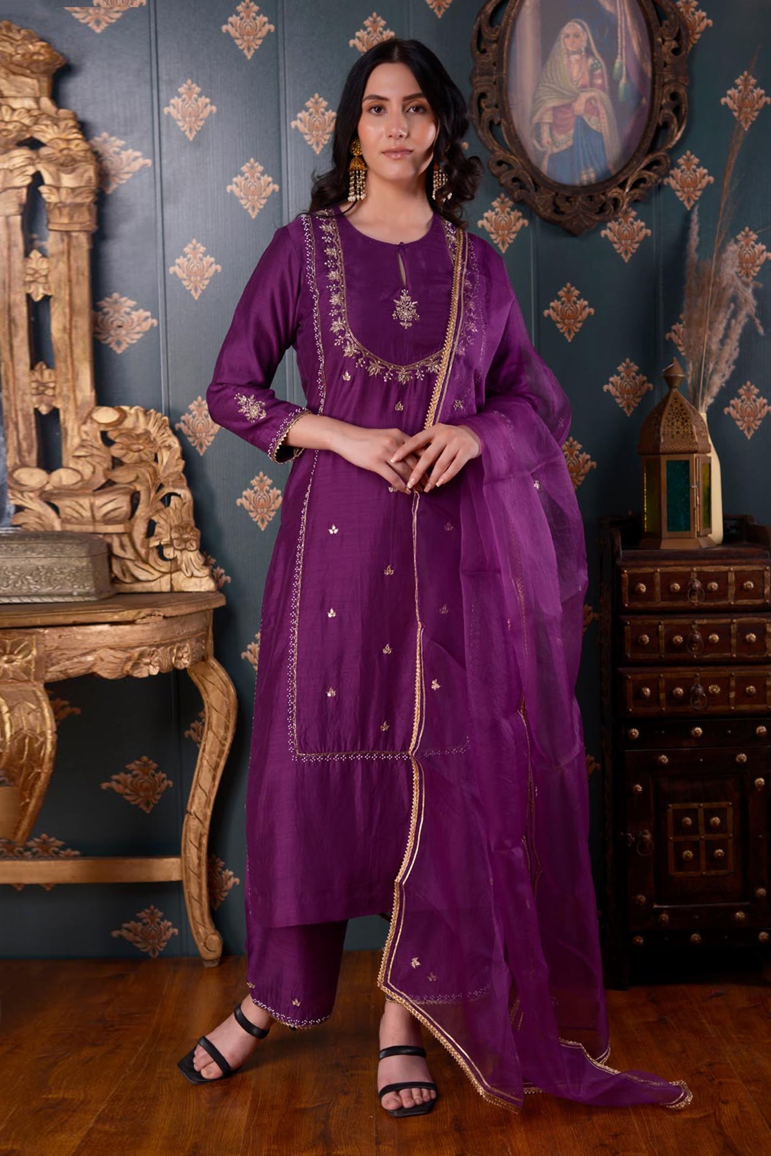 Buy Purple Cotton Silk And Organza Embroidery Thread & Gota Kurta Pant