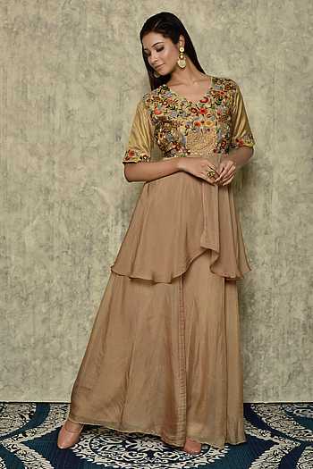 Maroon chanderi silk zardosi dori embroidered peplum top paired with palazzo