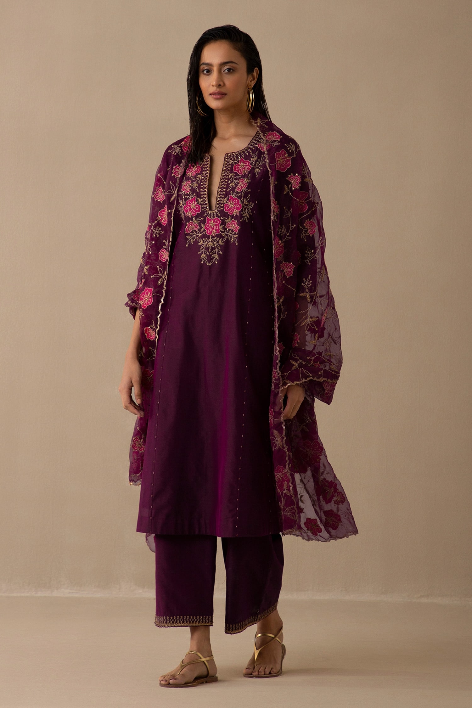 Buy Wine Silk Chanderi And Organza Embroidery Floral Gul Kurta Palazzo ...