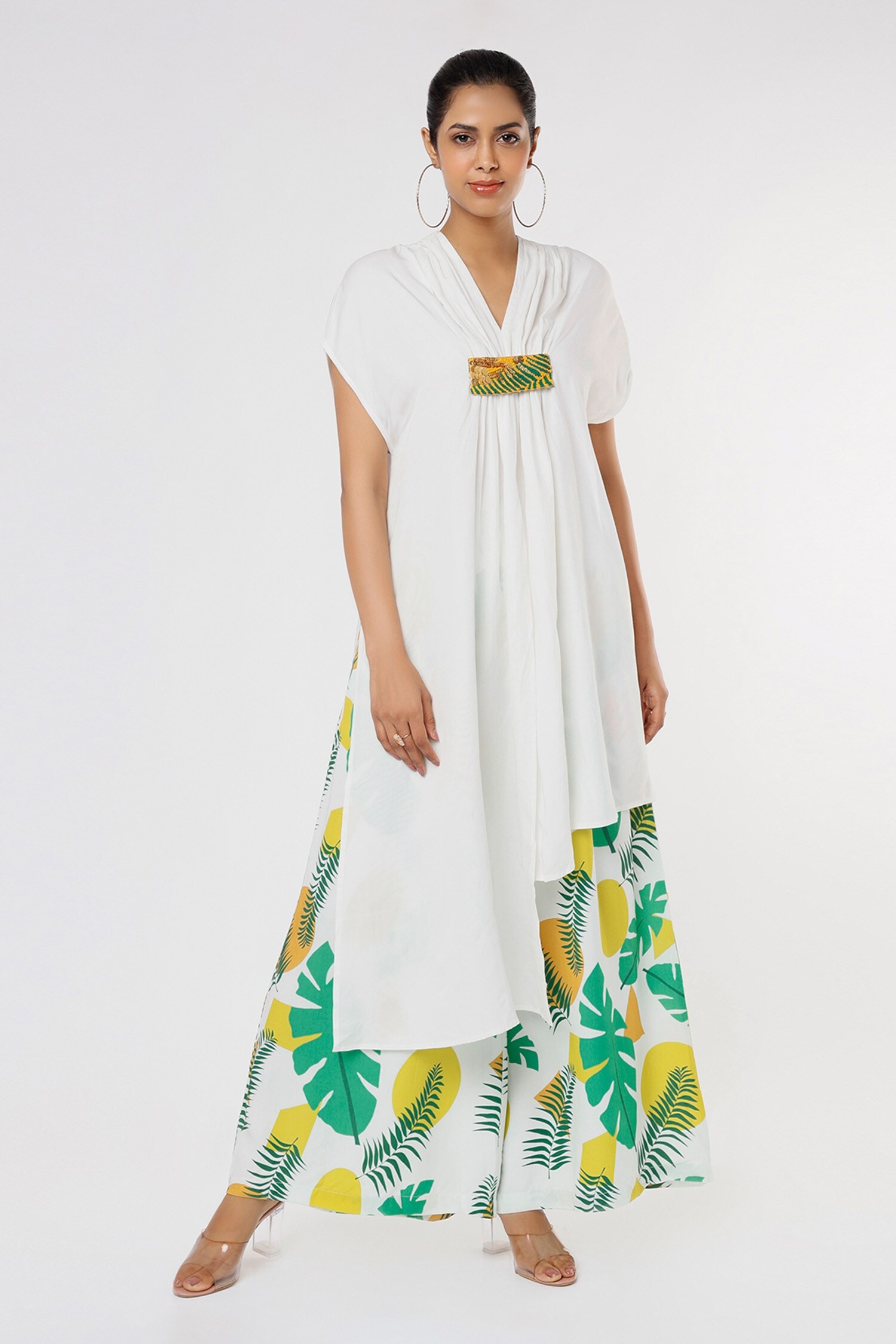 Leela By A White Tencel Modal Twill Printed Asymmetric Kaftan And Pant Set For Women