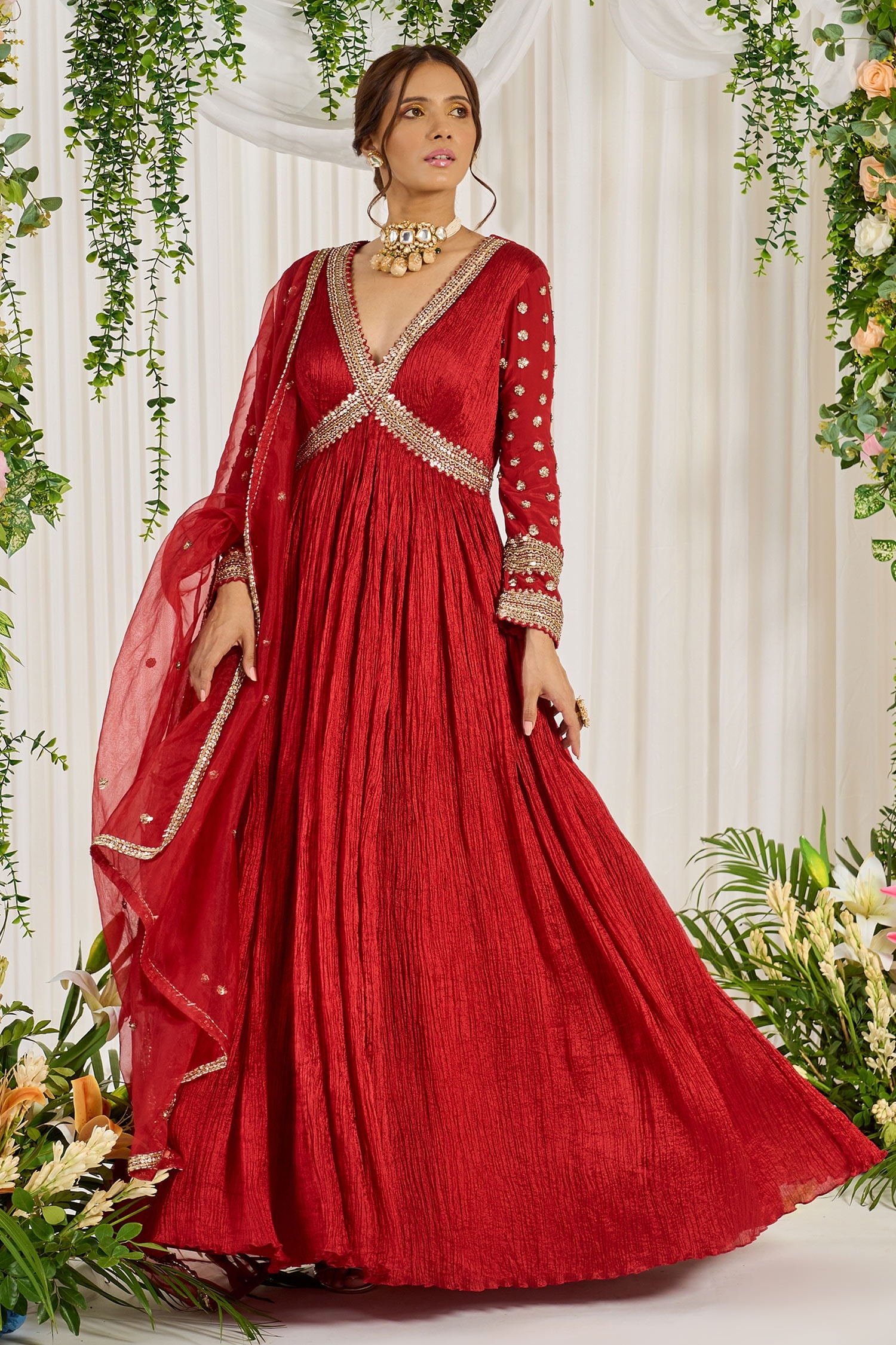 Buy Red Crinkle Silk Crepe Organza Laal Karwa Anarkali With Dupatta For ...