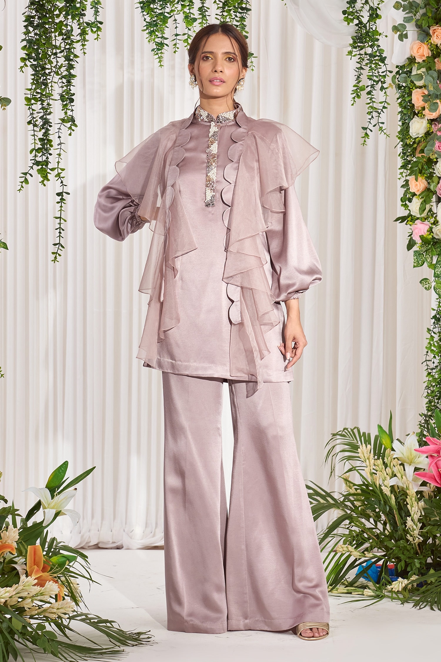 Nidhika Shekhar Purple Armani Satin Embroidery Pearl Har Tyohar Puff Sleeve Kurta Set For Women