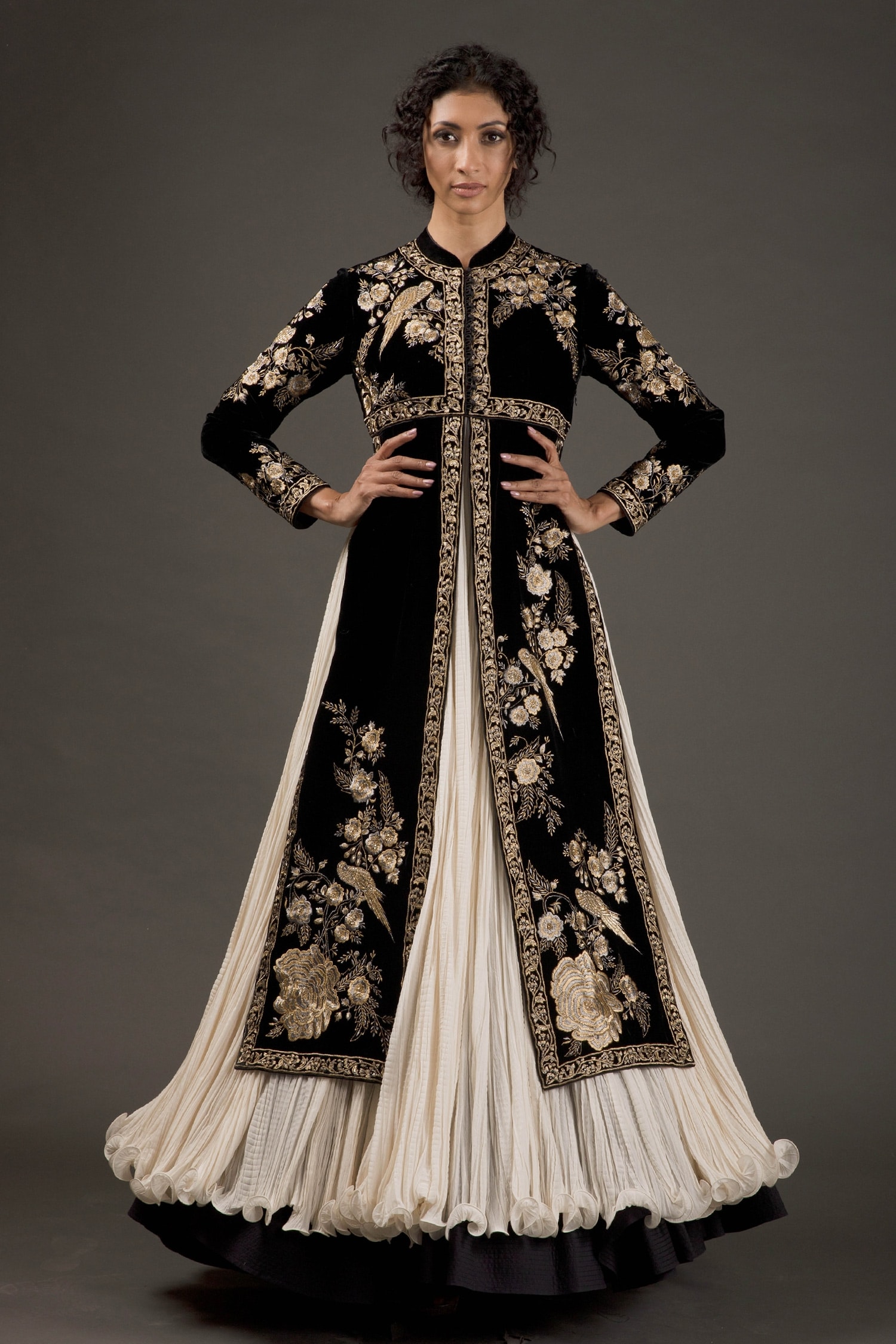 Rohit Bal Black Silk Velvet Embroidered Resham Thread Work Split Anarkali Set For Women