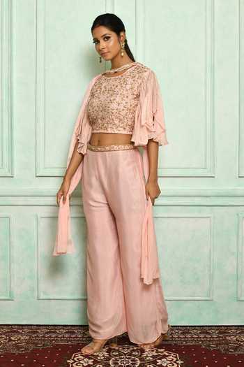 Floral Print Beaded Crop Top with Palazzo and Jacket