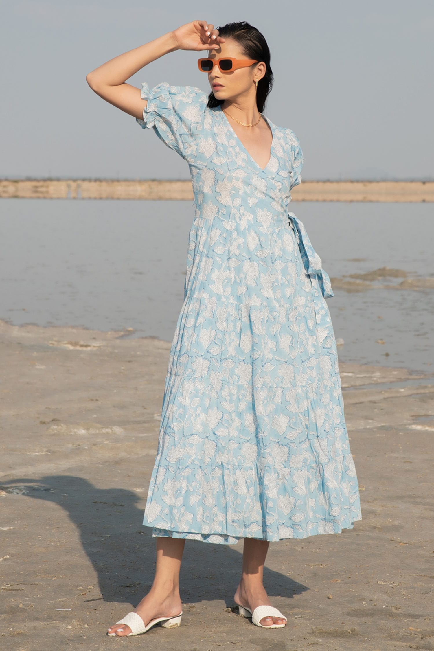 Marche Blue Cotton Printed Floral V Neck Warp Dress For Women