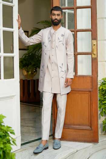 Yellow Silk Jacquard Kurta Jacket Set For Men With Resham Embroidery main image 0