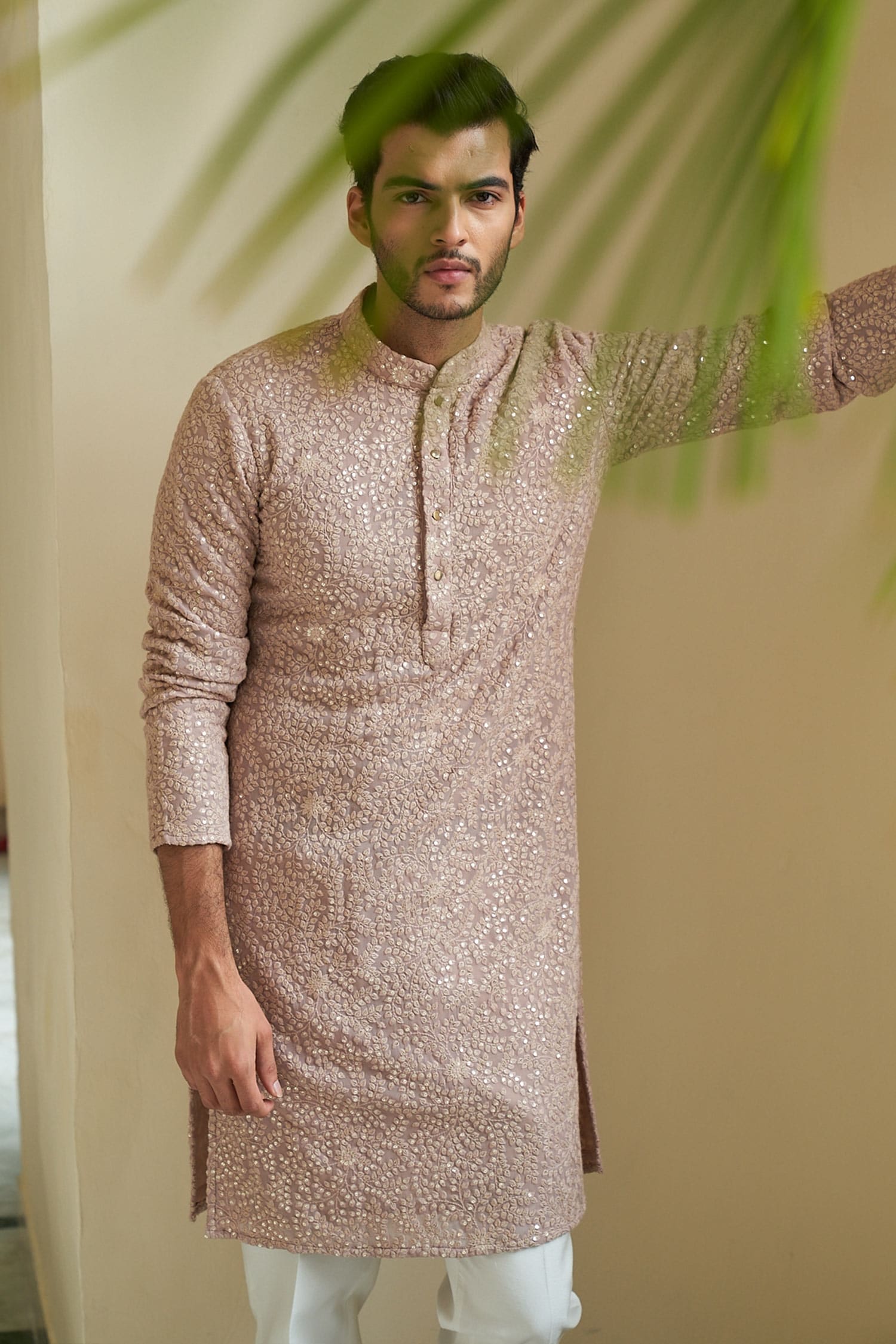 Contrast By Parth Purple Georgette Embroidered Kurta Set For Men
