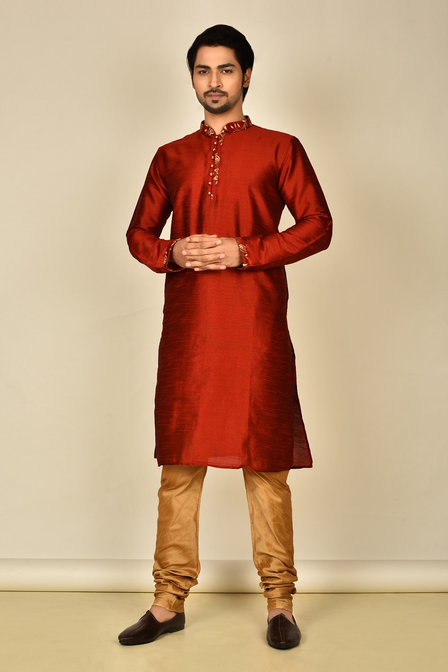 Buy Red Heavy Dupion Art Silk Embroidered Mandarin Collar Kurta For Men
