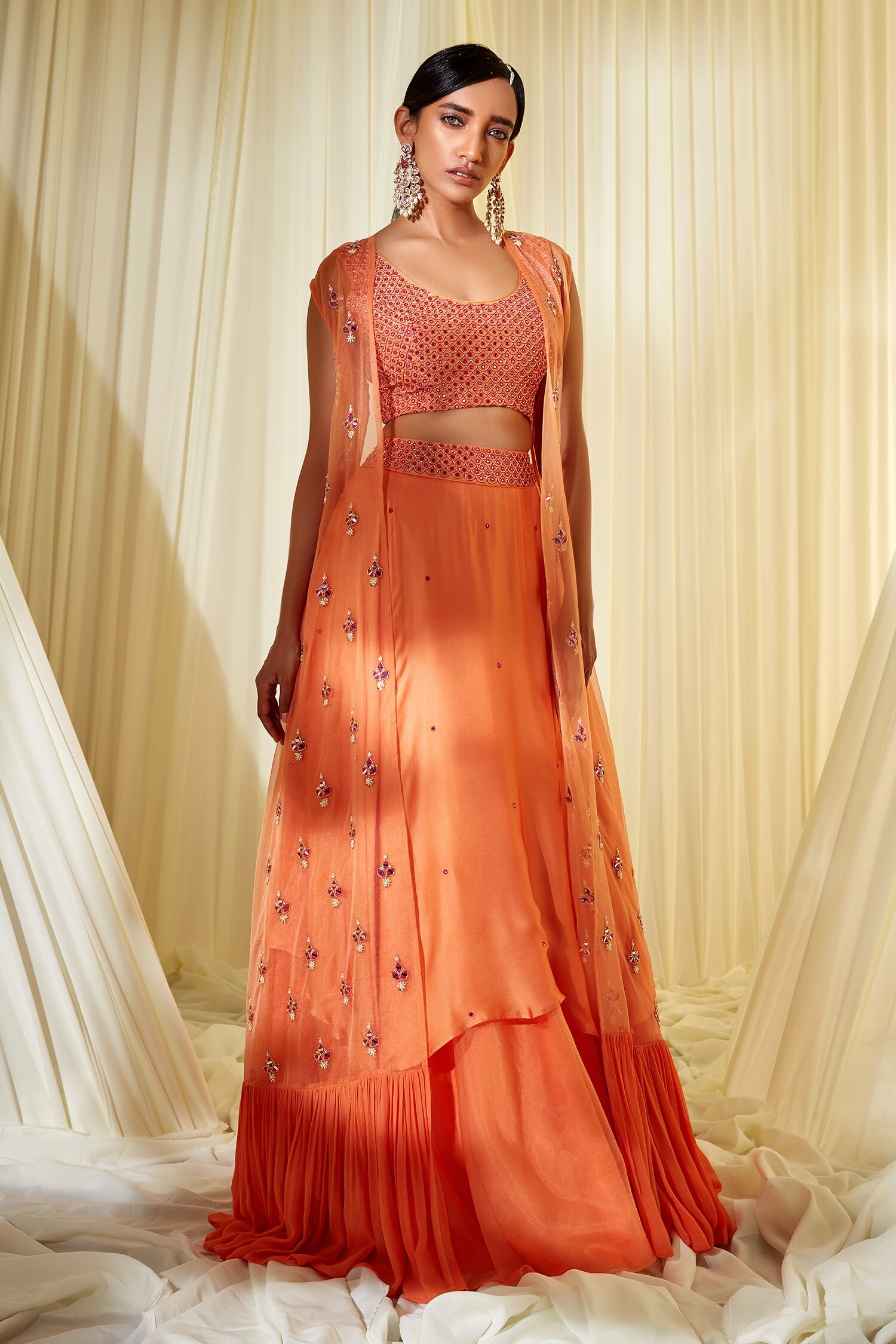 buy-orange-satin-georgette-embroidered-floral-cape-open-lehenga-set-for