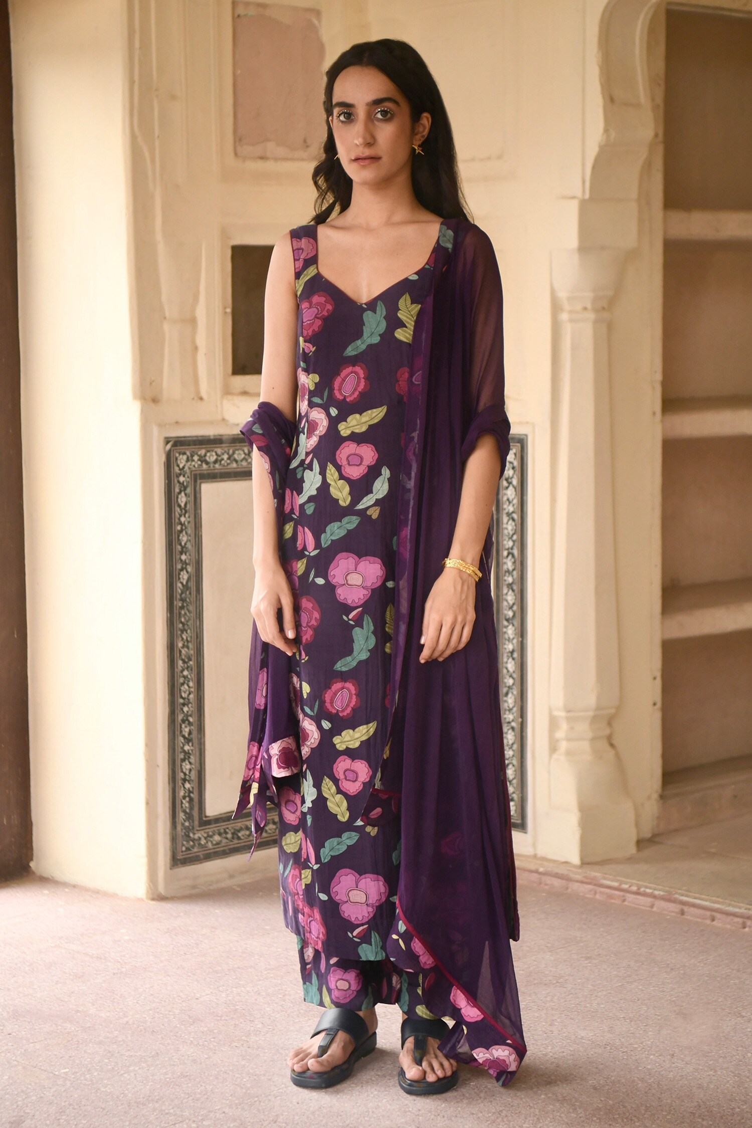 Buy Purple Chanderi Silk Printed Floral Raisin Love Kurta Set For Women By Taro Online At Aza