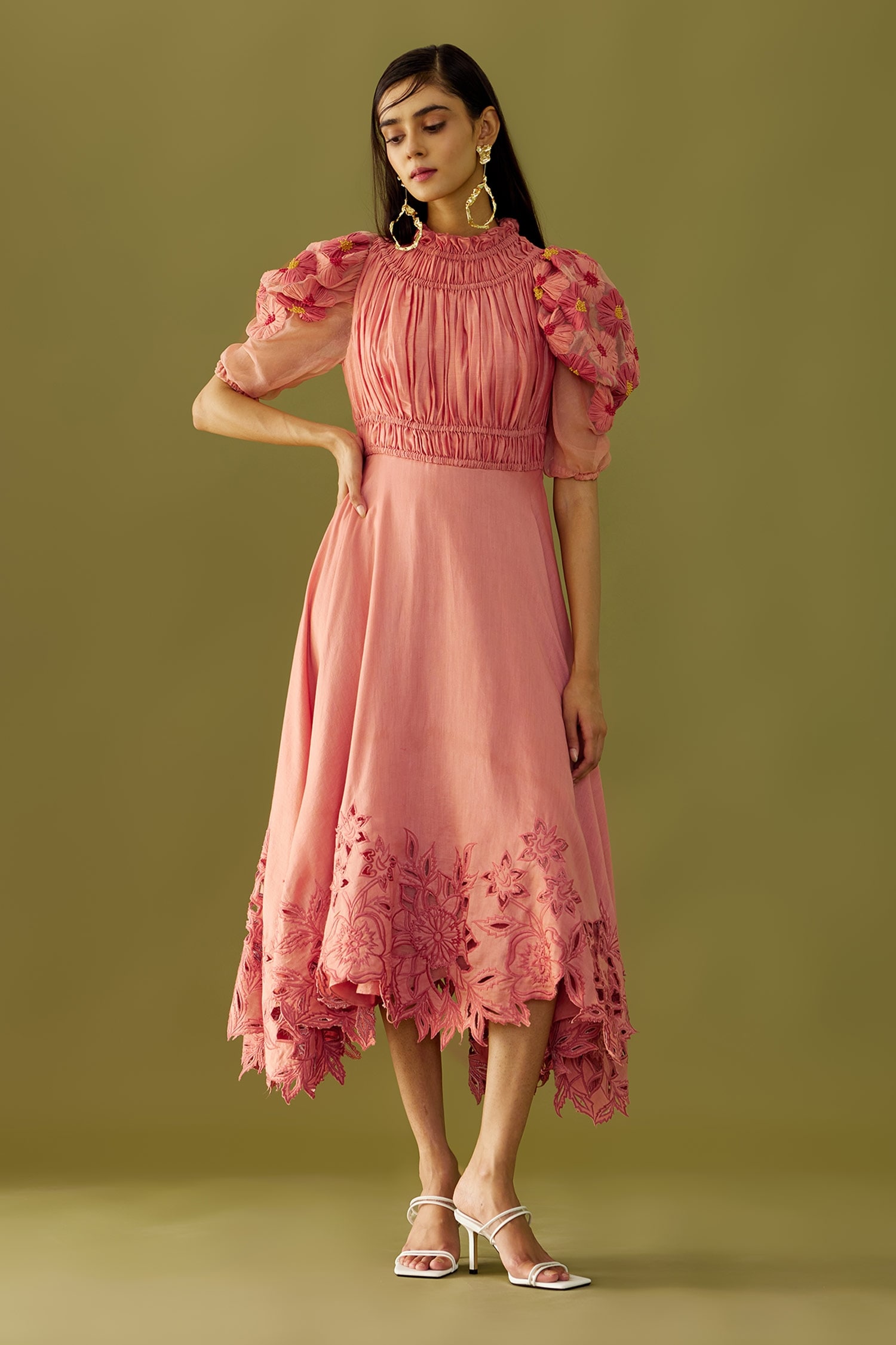 Chandrima Pink Chanderi Embroidery Floral Applique And Beads High Neck Midi Dress For Women