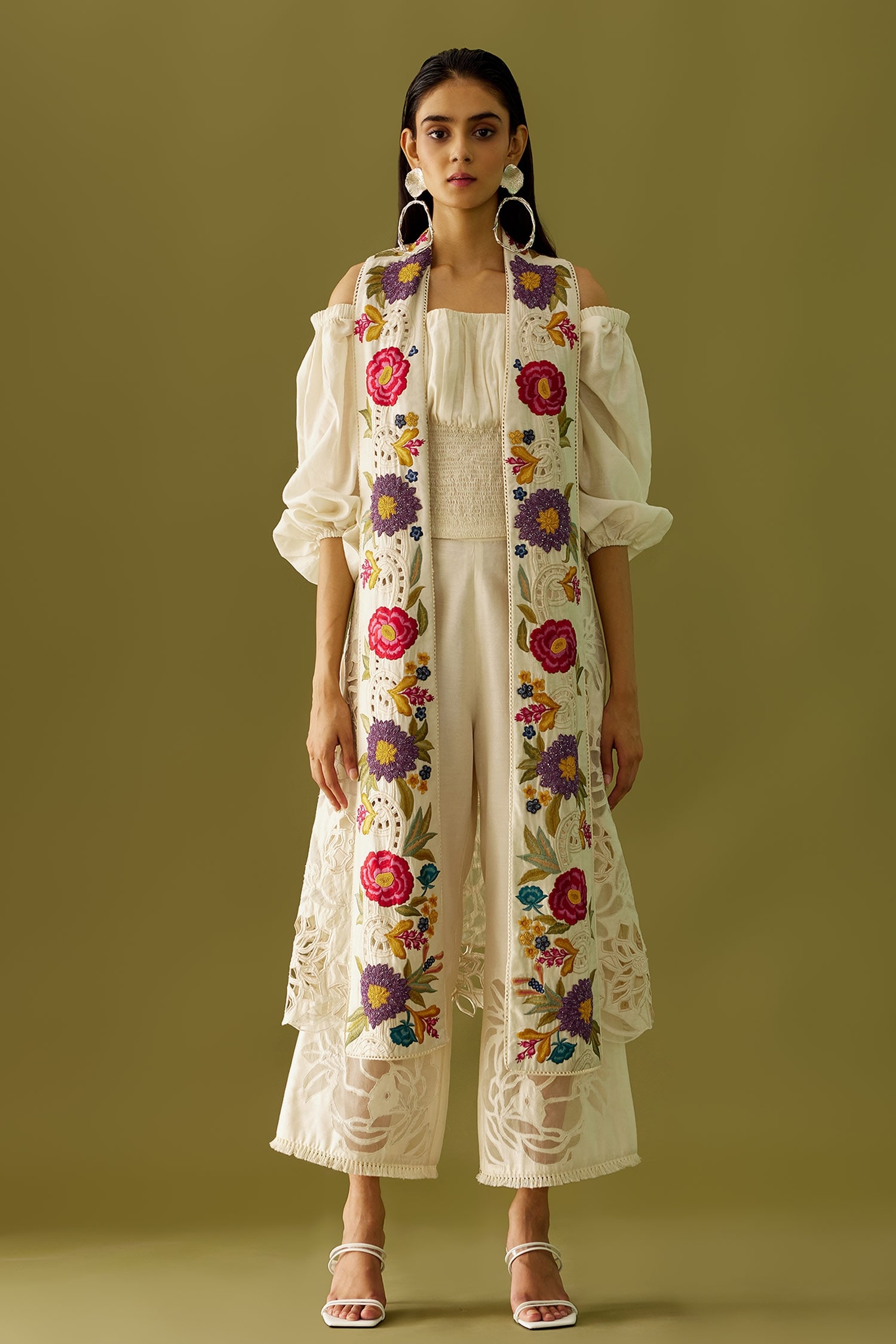 Buy Ivory Chanderi Embroidery Beads And Thread Open Long Jacket For ...