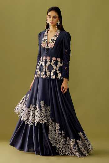 Blue Lenenga Chanderi With Floral Print Lehenga Set main image 1