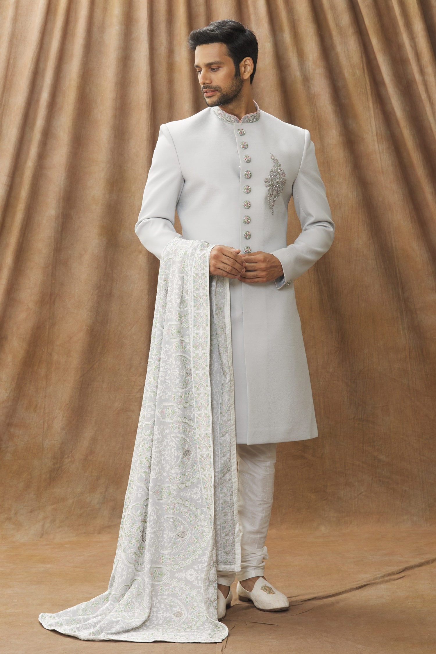 Arihant Rai Sinha Grey Floral Pattern Stole