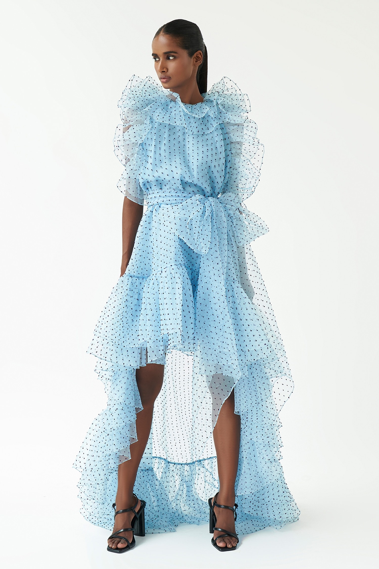 Buy Blue Dotted Organza Polka Dot High Ruffle Dress For Women By Gauri And Nainika Online At Aza 0310