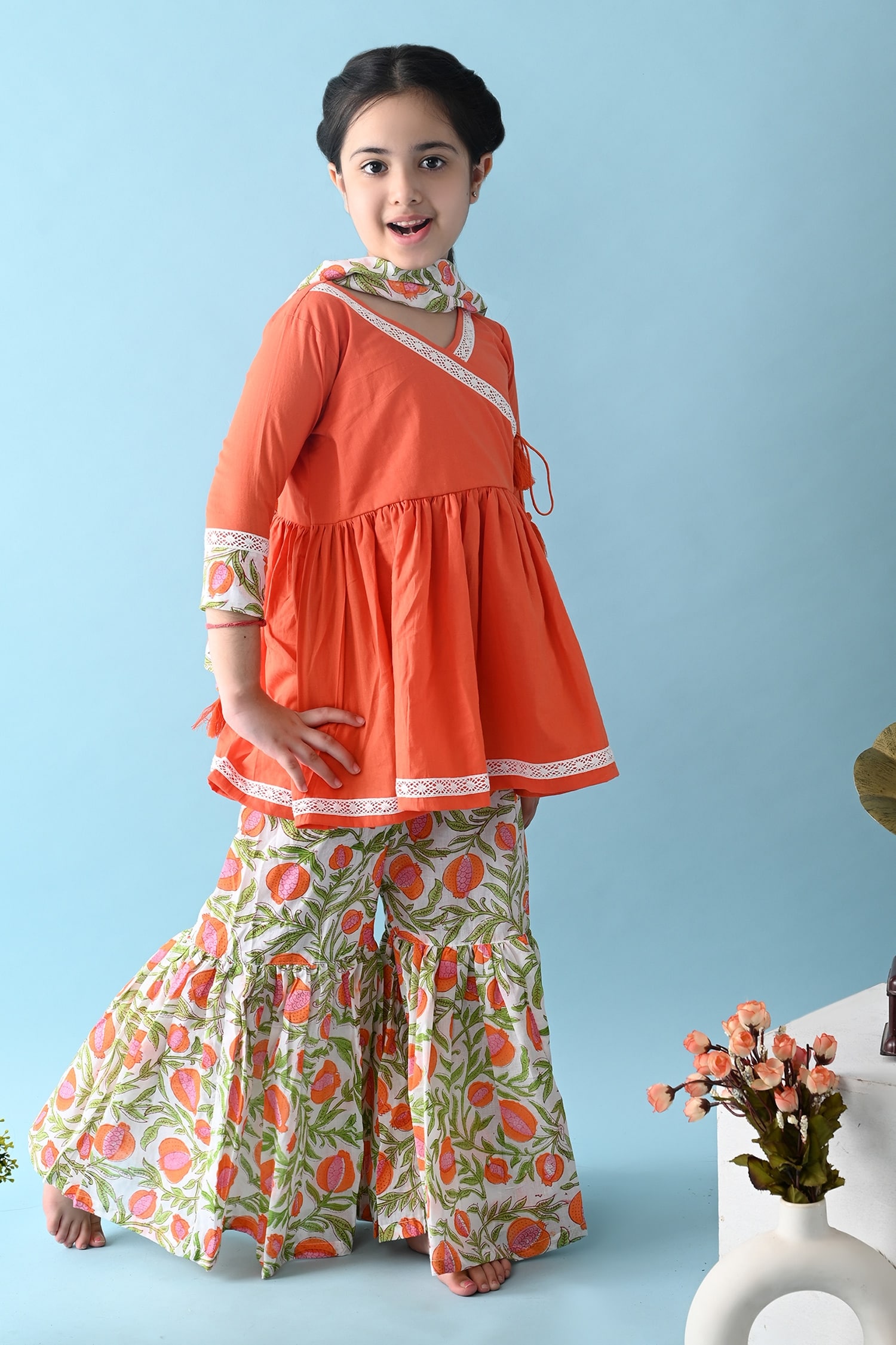 Buy Orange Cotton Plain Mohak Kurta Sharara Set For Girls by THE COTTON ...