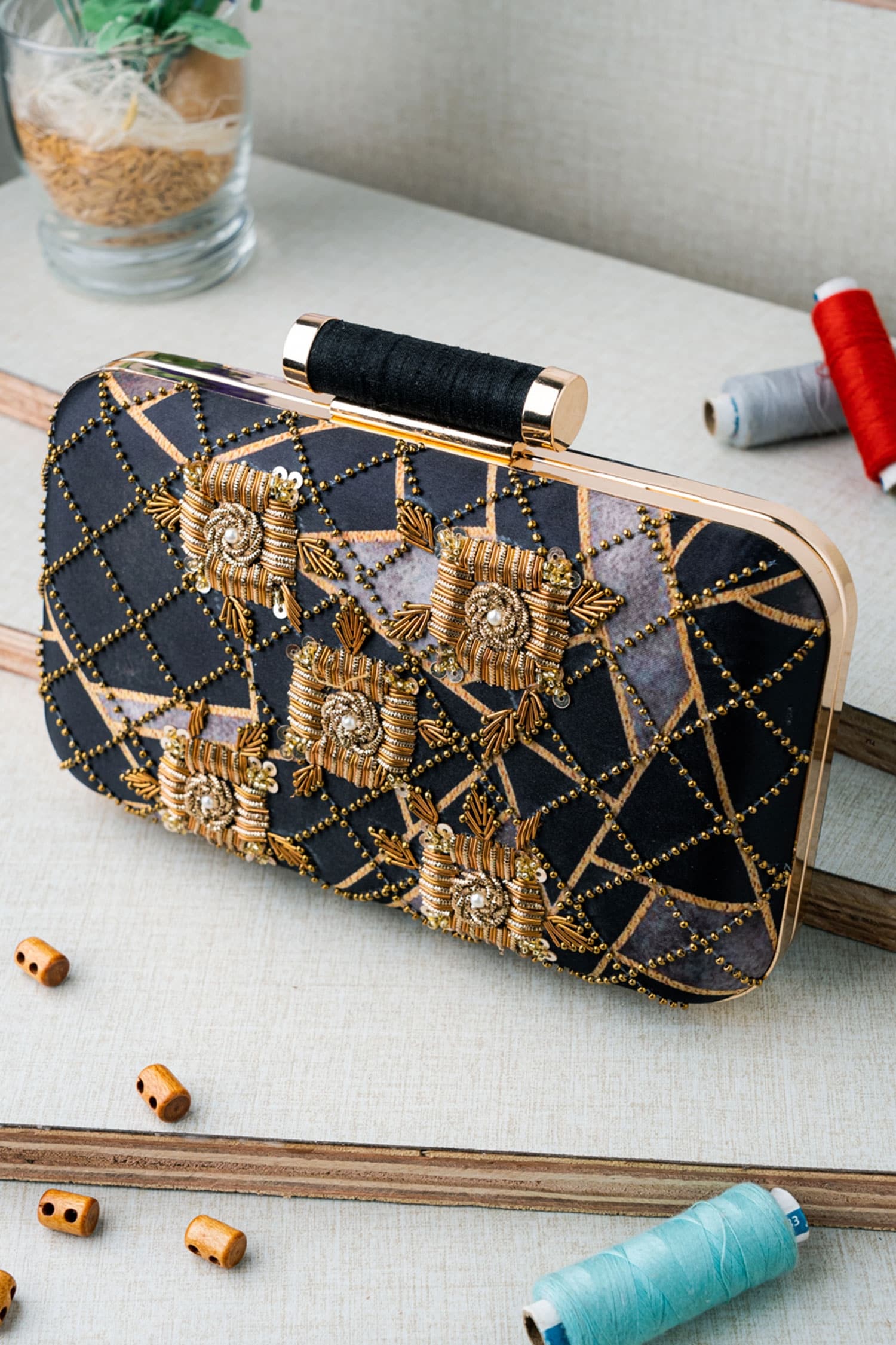 Rubans Navy Blue Coloured Box Clutch With Embellished Golden Beads