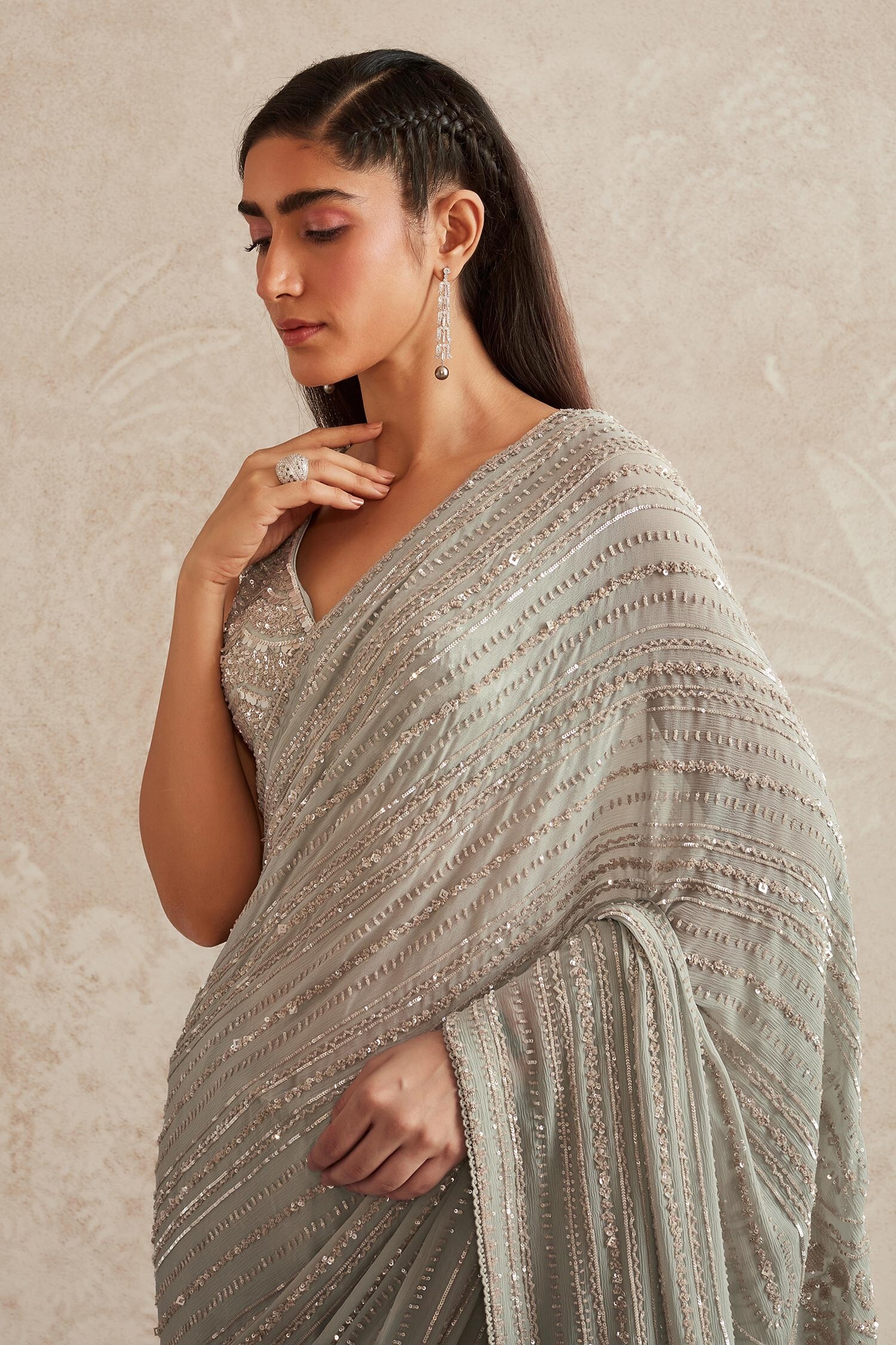 Buy Grey Chiffon Embroidered Folklore Line V Neck Saree With Blouse For  Women by Varun & Nidhika Online at Aza Fashions.