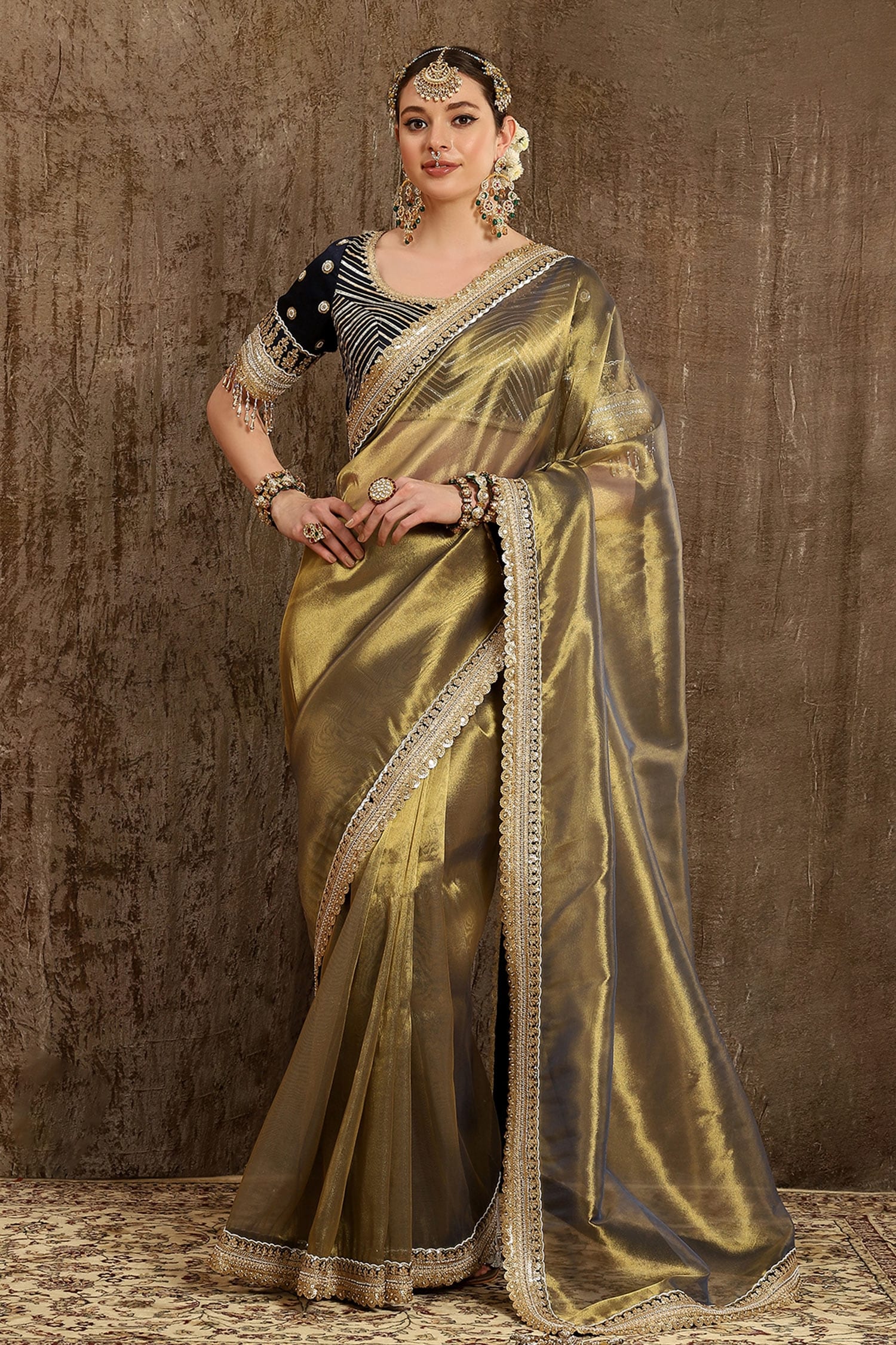 Buy Dressfolk Olive Green and Half Coke Tissue Saree with Fine Silver  Metallic Border without Blouse online