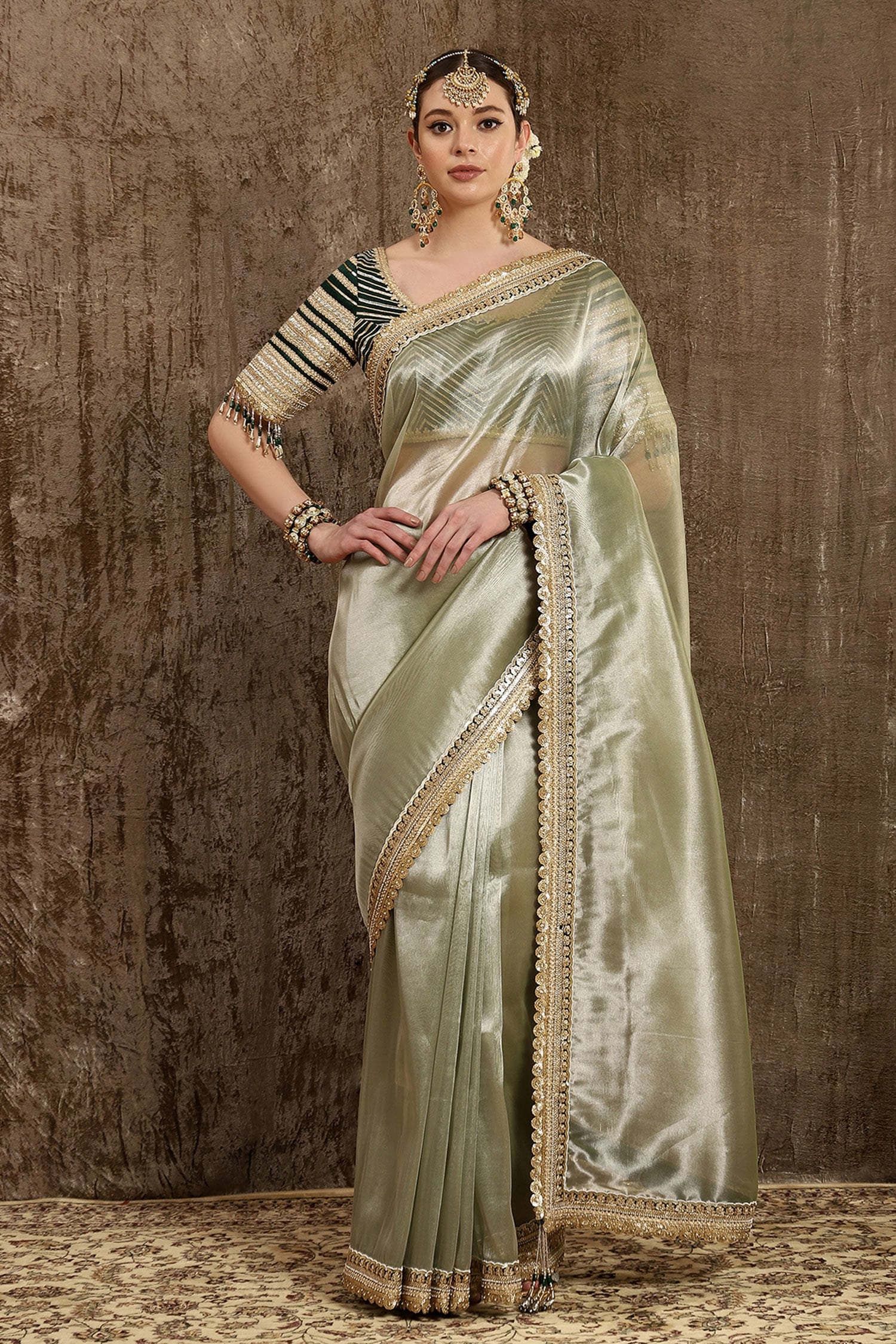 SIRIL Women's Sequence Lace, Foil Paper, Dyed Lycra Shimmer Saree with  Unstitched Blouse Piece(2526S221_Light Olive Green) : Amazon.in: Fashion
