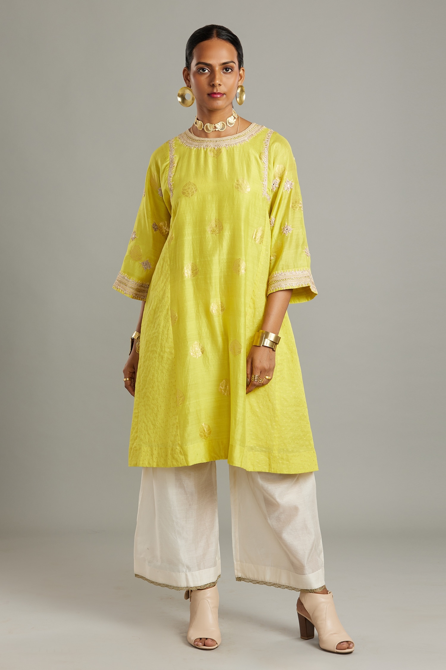 Buy Yellow Hand Block Printed Cotton Kurta with White Pants and Mul Dupatta  - Set of 3 | JS374/S/JS7 | The loom