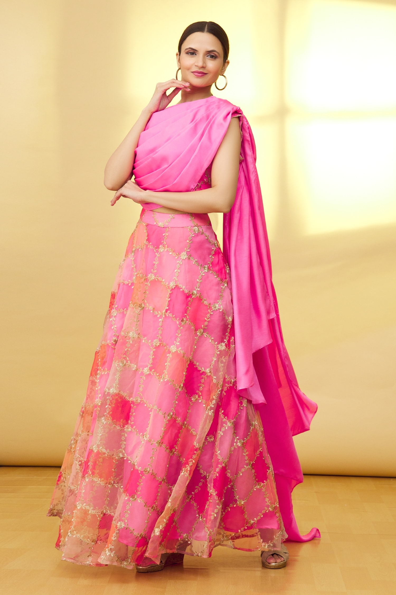 Samyukta Singhania Pink Crop Top: Silk And Skirt: Organza Embroidery Thread Draped & Set For Women