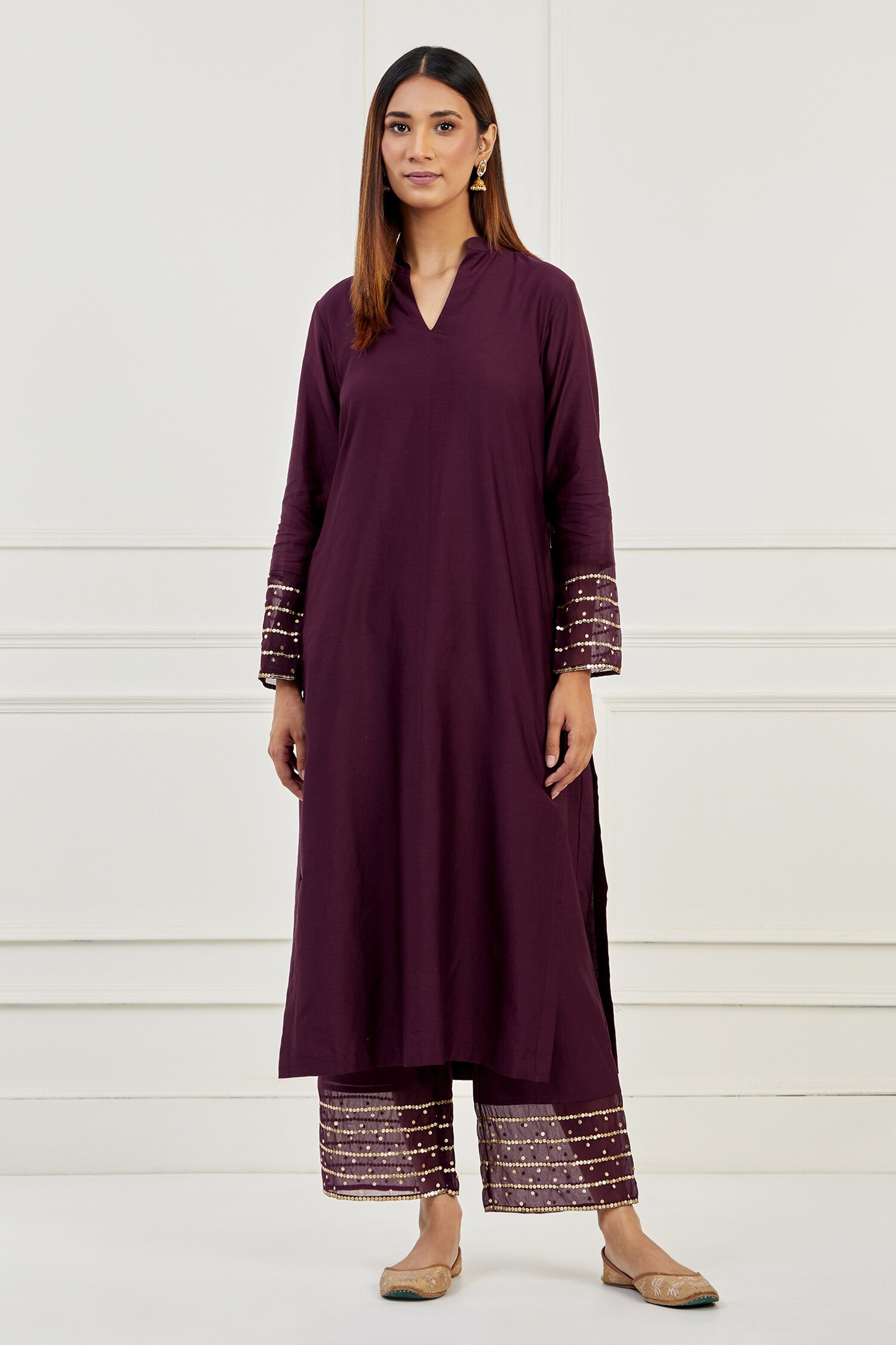 Buy Purple Chanderi Embroidered Chita Mandarin Collar Kurta For Women